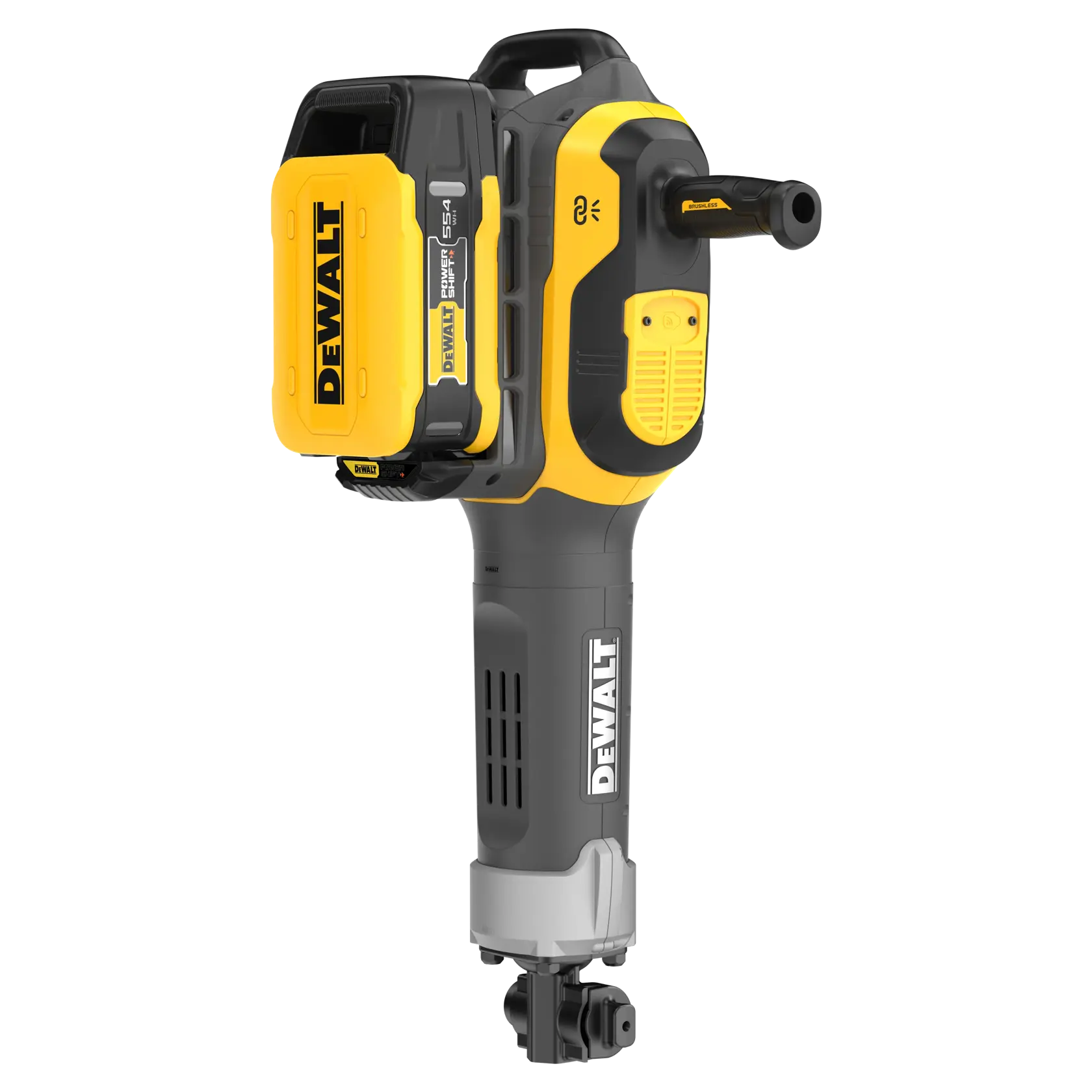 DEWALT cordless power tool, yellow and black, side handle, vertical orientation, close-up product image.