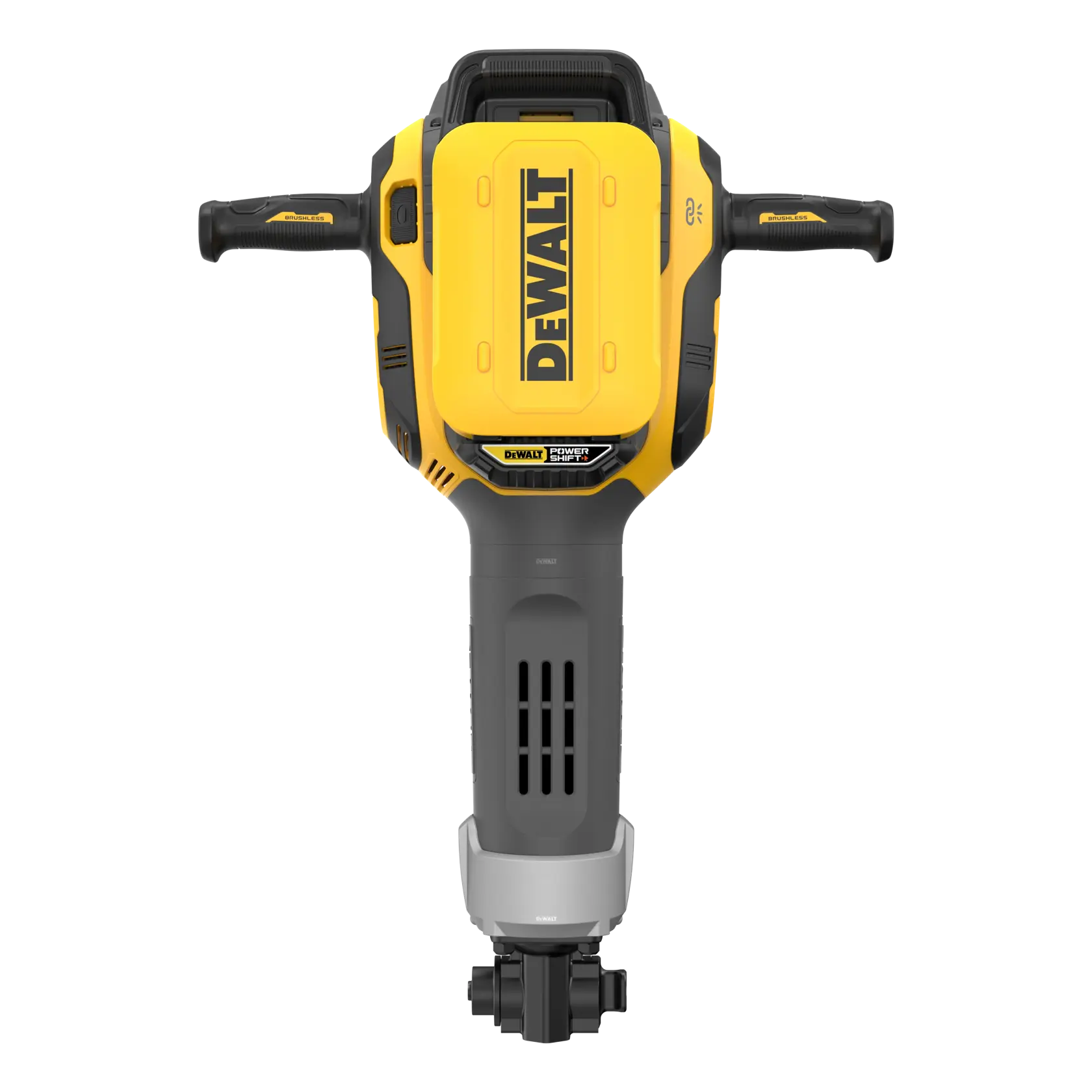 DEWALT cordless power tool, yellow and black, front view with handles, used for heavy-duty construction tasks.