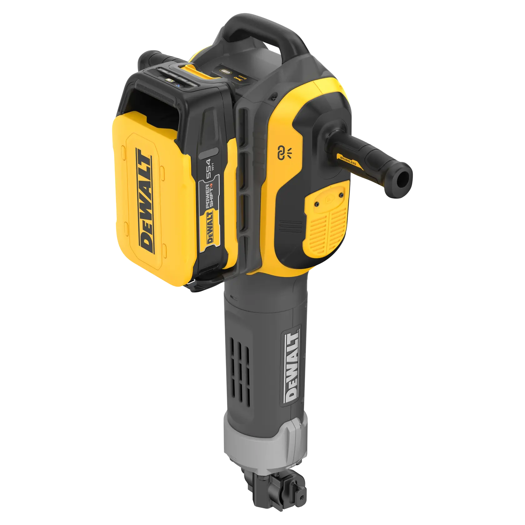 DEWALT cordless demolition hammer with yellow and black design, side handle, and battery pack.