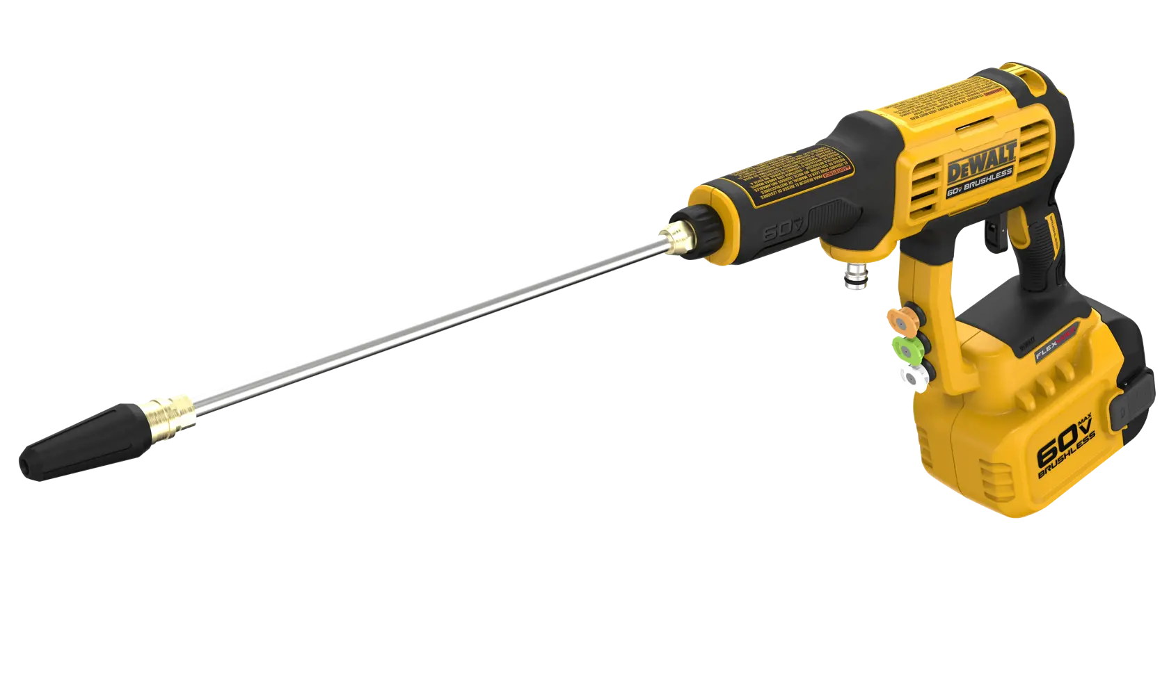A DEWALT cordless handheld power washer with a yellow and black design, featuring a long metal cleaning nozzle and removable battery pack.