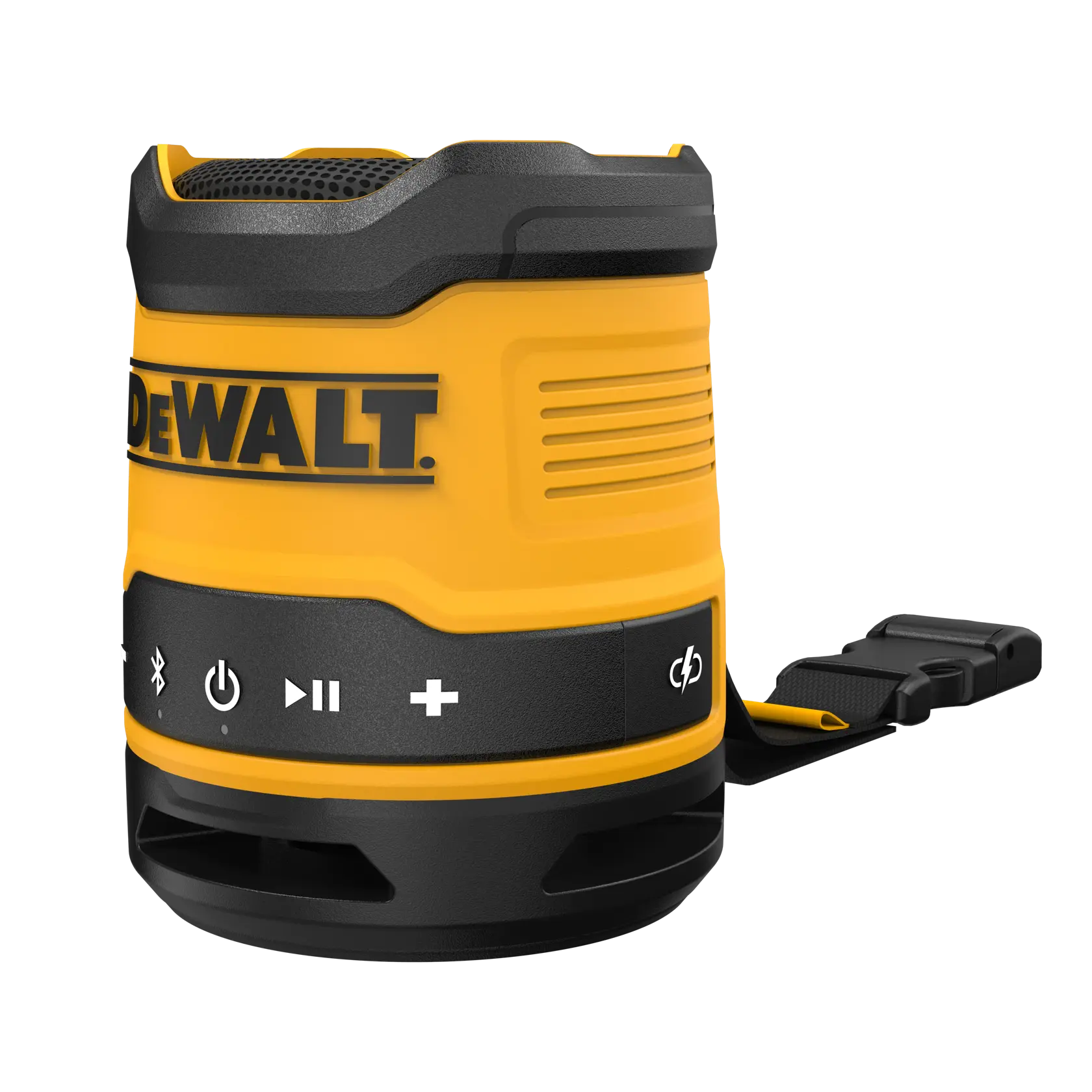 A DEWALT DCR008 portable Bluetooth speaker in yellow and black, featuring control buttons and a strap attachment.