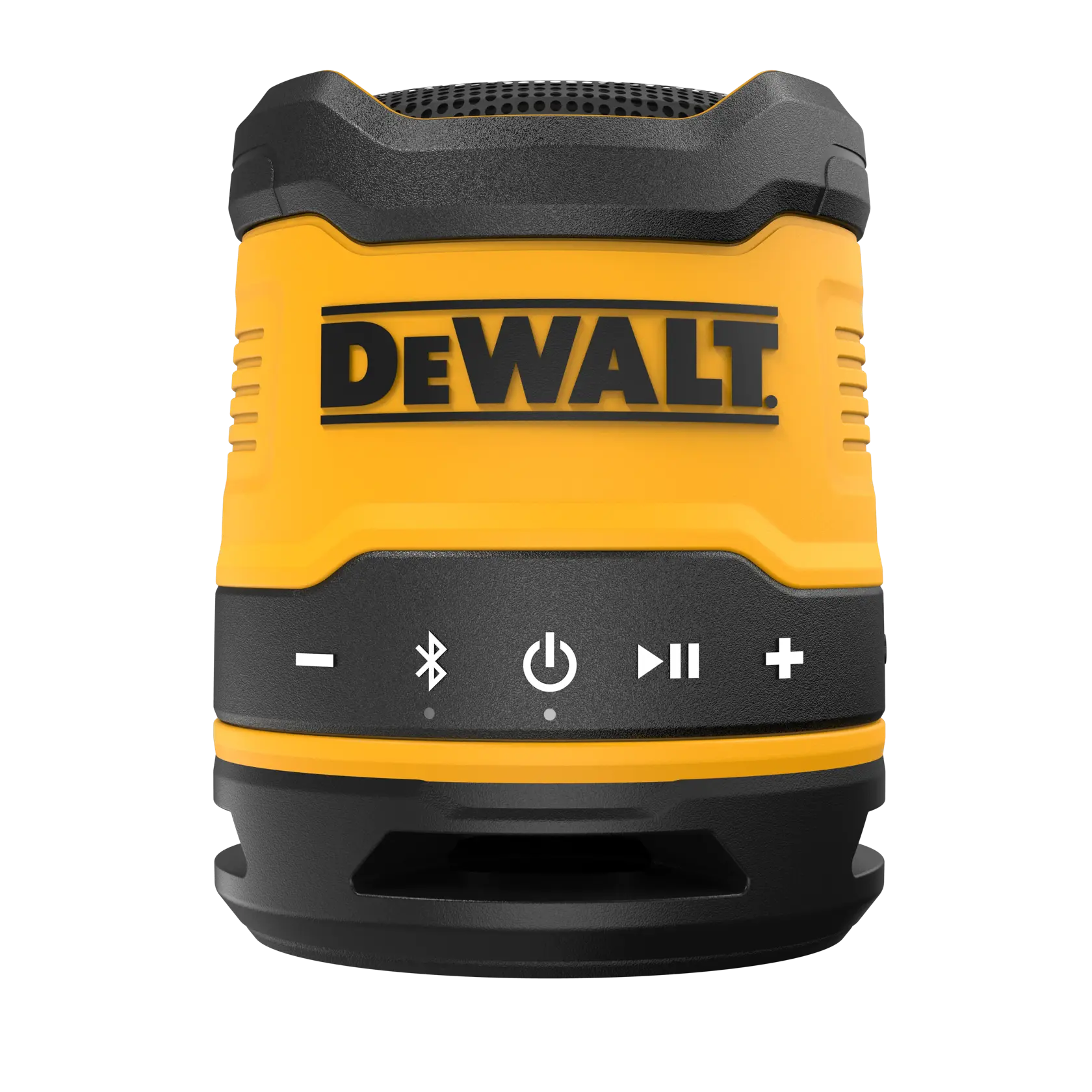 A DEWALT portable Bluetooth speaker with yellow and black design. The front shows control buttons for volume, Bluetooth, power, play/pause, and volume adjustment.