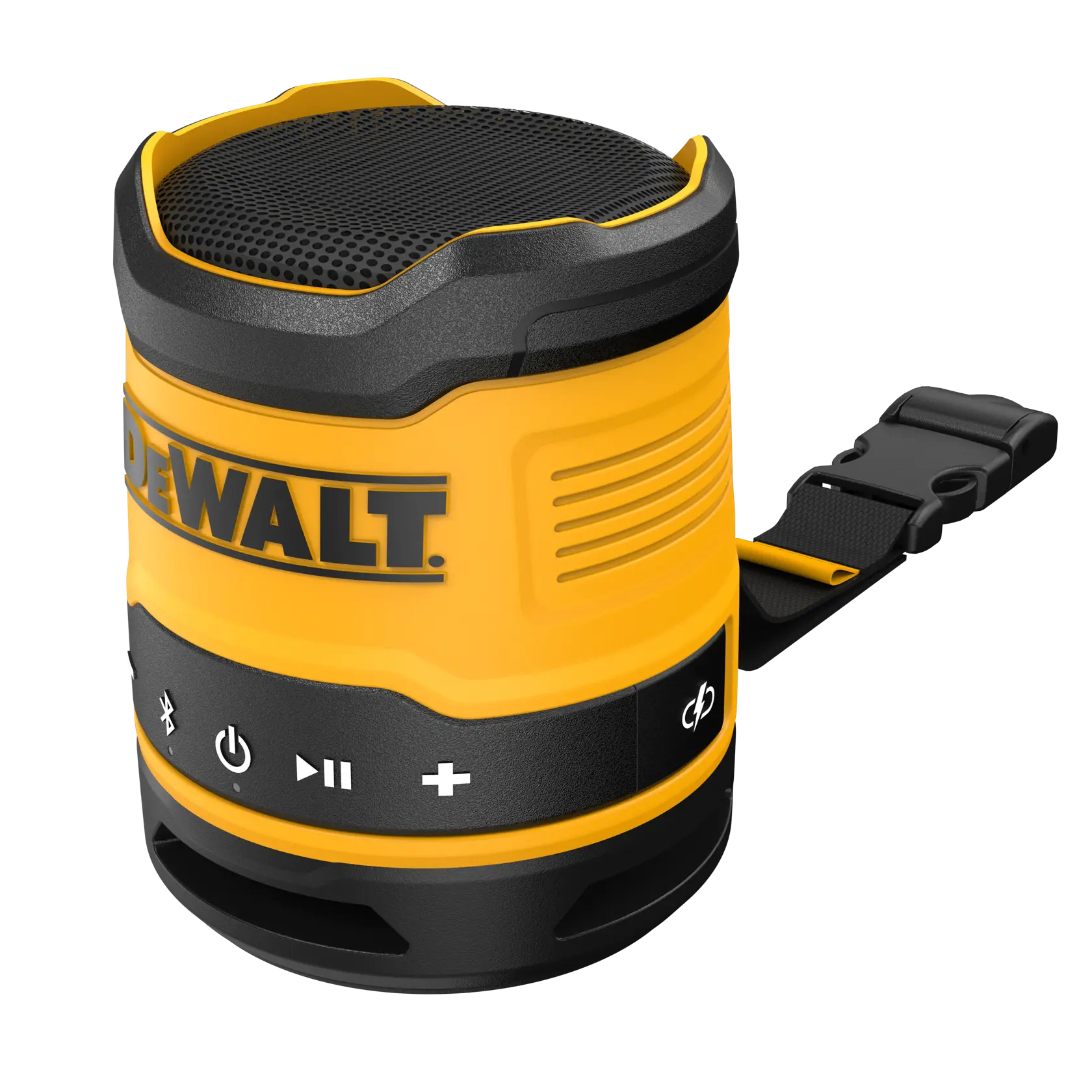 A DEWALT DCR008 portable Bluetooth speaker in yellow and black with control buttons on the front and a strap attached to the side.
