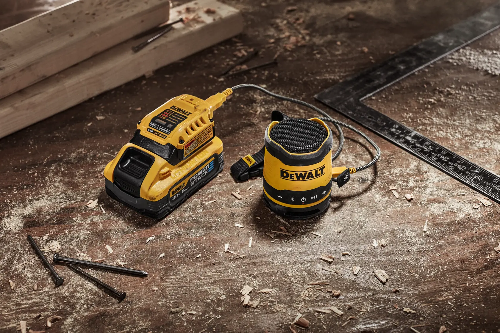 A DEWALT portable Bluetooth speaker (model DCR008) connected to a DEWALT battery charger, placed on a dusty wooden workbench with scattered nails, wood shavings, and tools visible nearby.