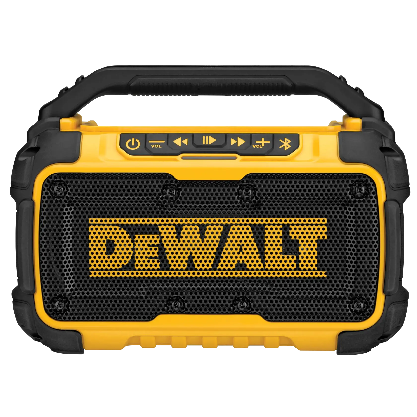 A DEWALT portable Bluetooth speaker with a rugged yellow and black design, front control buttons, and a carry handle.
