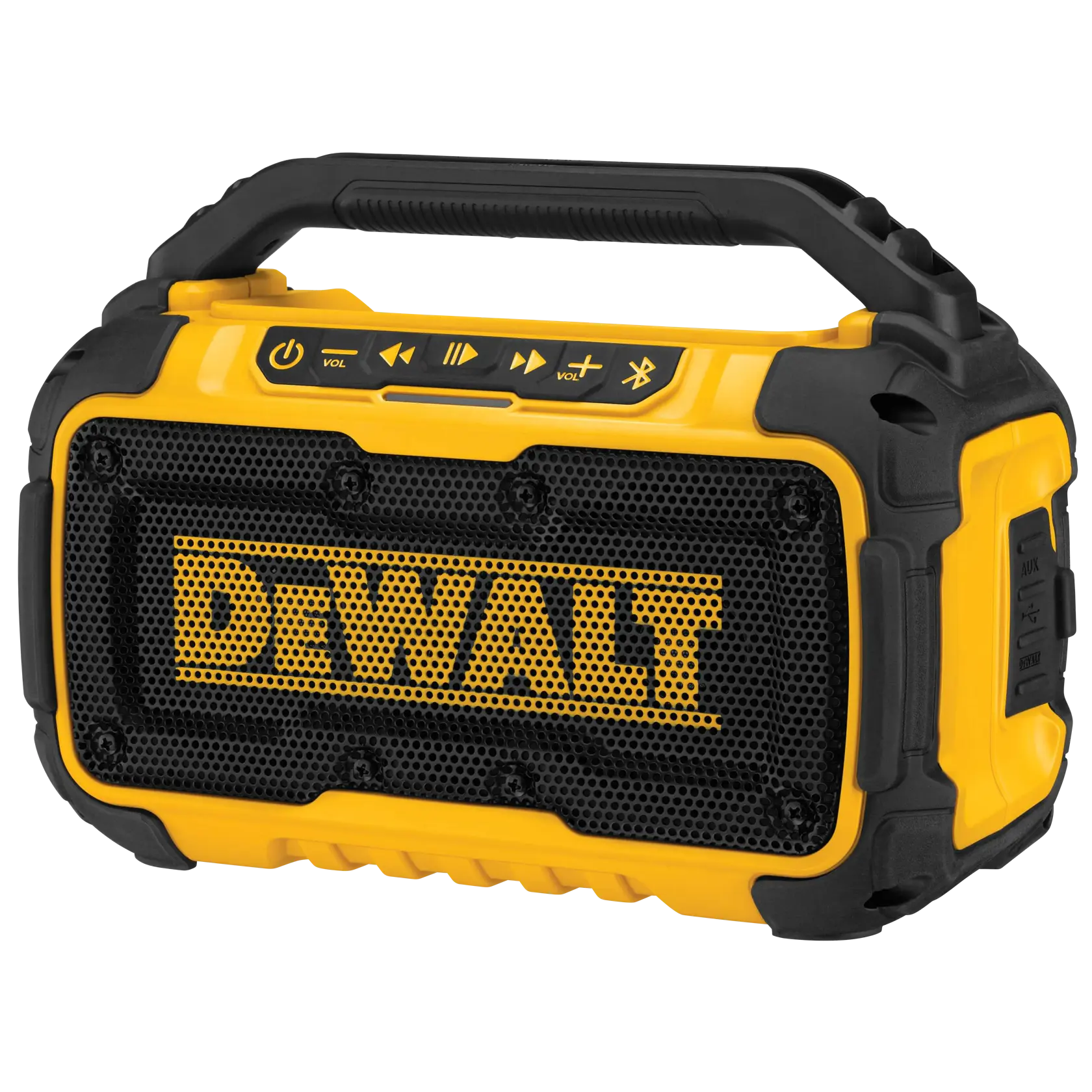 Yellow and black portable DEWALT Bluetooth speaker with handle, showing control buttons and large front grille.