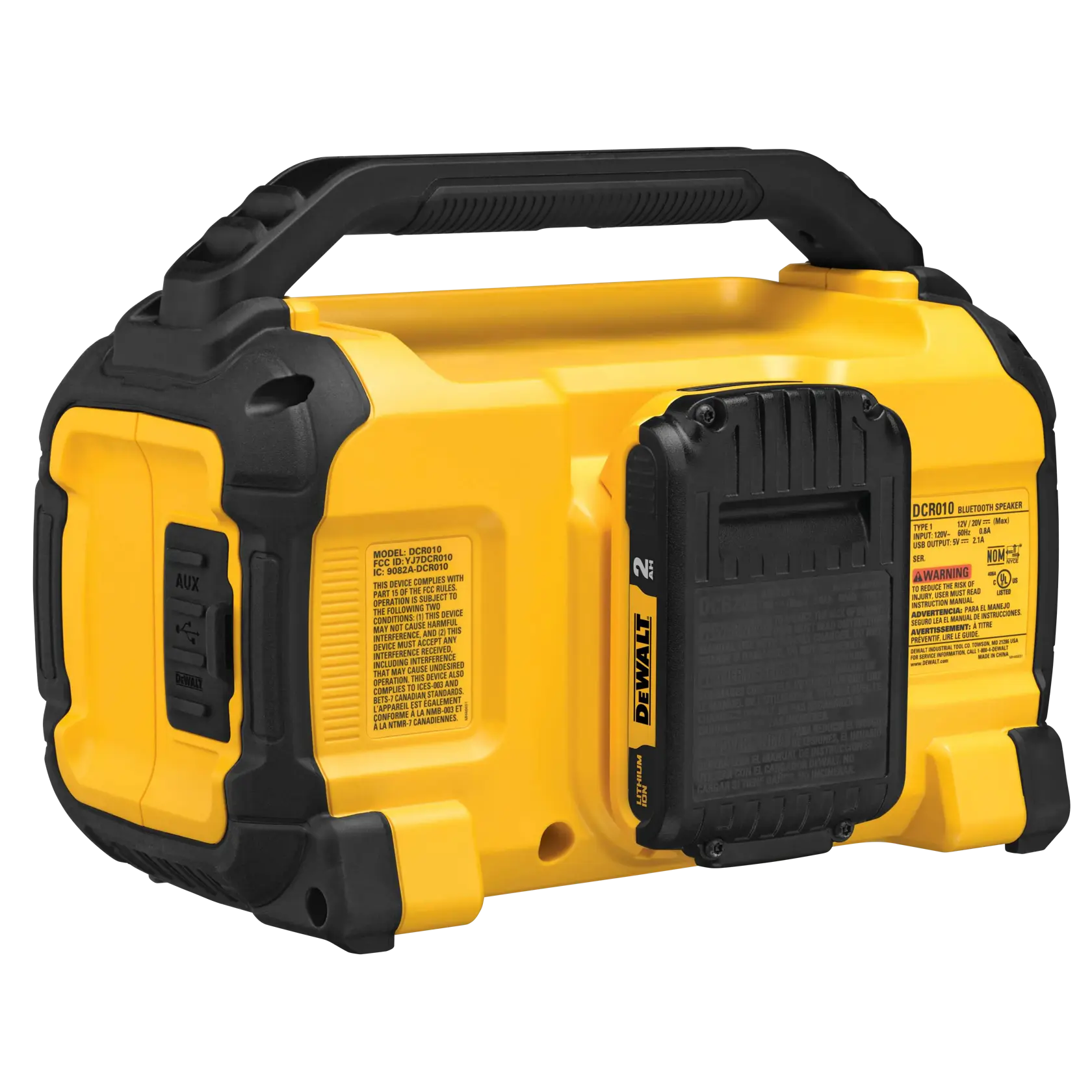 A yellow and black DEWALT portable Bluetooth speaker with a sturdy handle, model DCR010. The speaker has a rugged design and visible labeling and ports on the side.