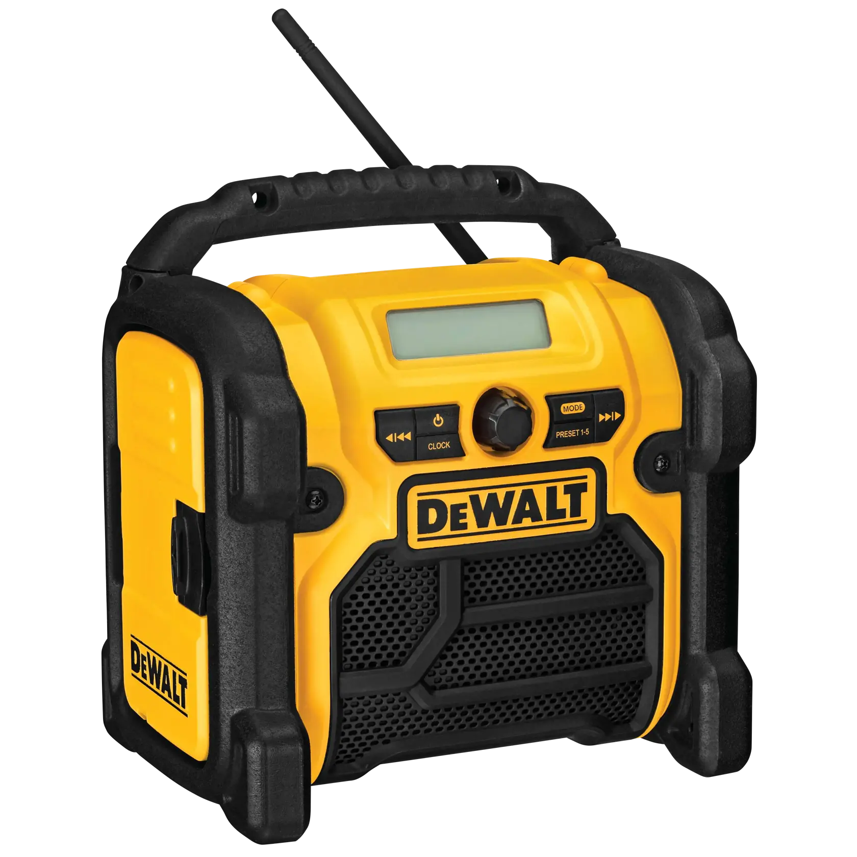 A portable DEWALT jobsite radio with a yellow and black rugged design, a handle on top, an antenna, control buttons, and a digital display screen.