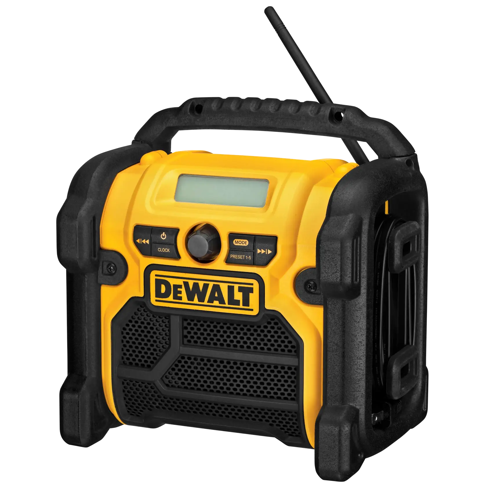 A DEWALT portable jobsite radio with a yellow and black rugged design, a carrying handle, a digital display, control buttons, and an antenna.