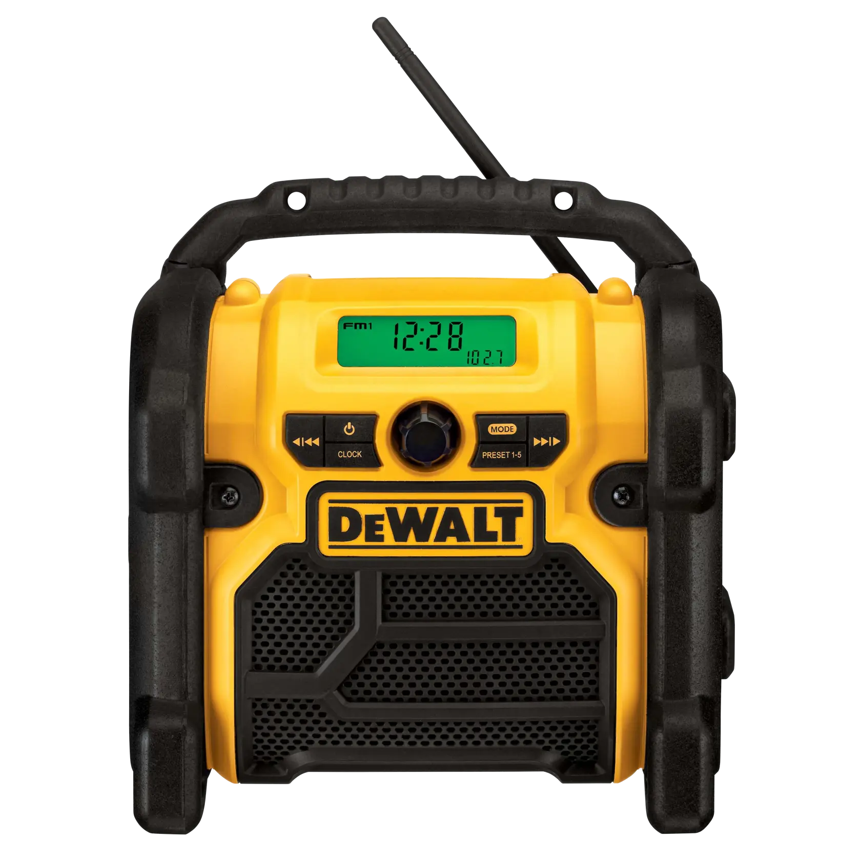 Front view of a DEWALT portable jobsite radio with a yellow and black rugged design, digital display, and large handle.