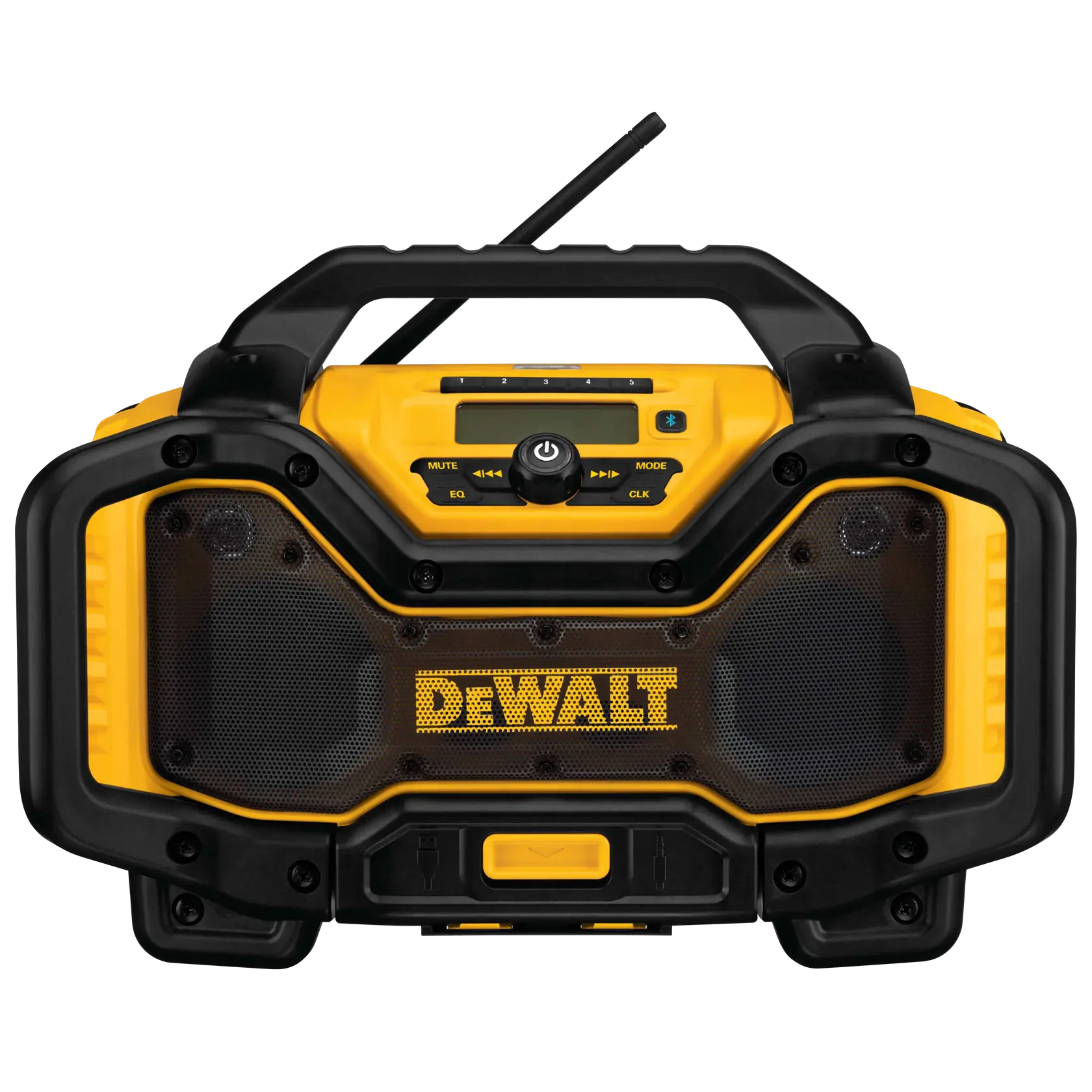 Front view of a DEWALT portable jobsite radio with a rugged yellow and black design, carrying handle, control buttons, antenna, and DEWALT logo displayed on the speaker grille.