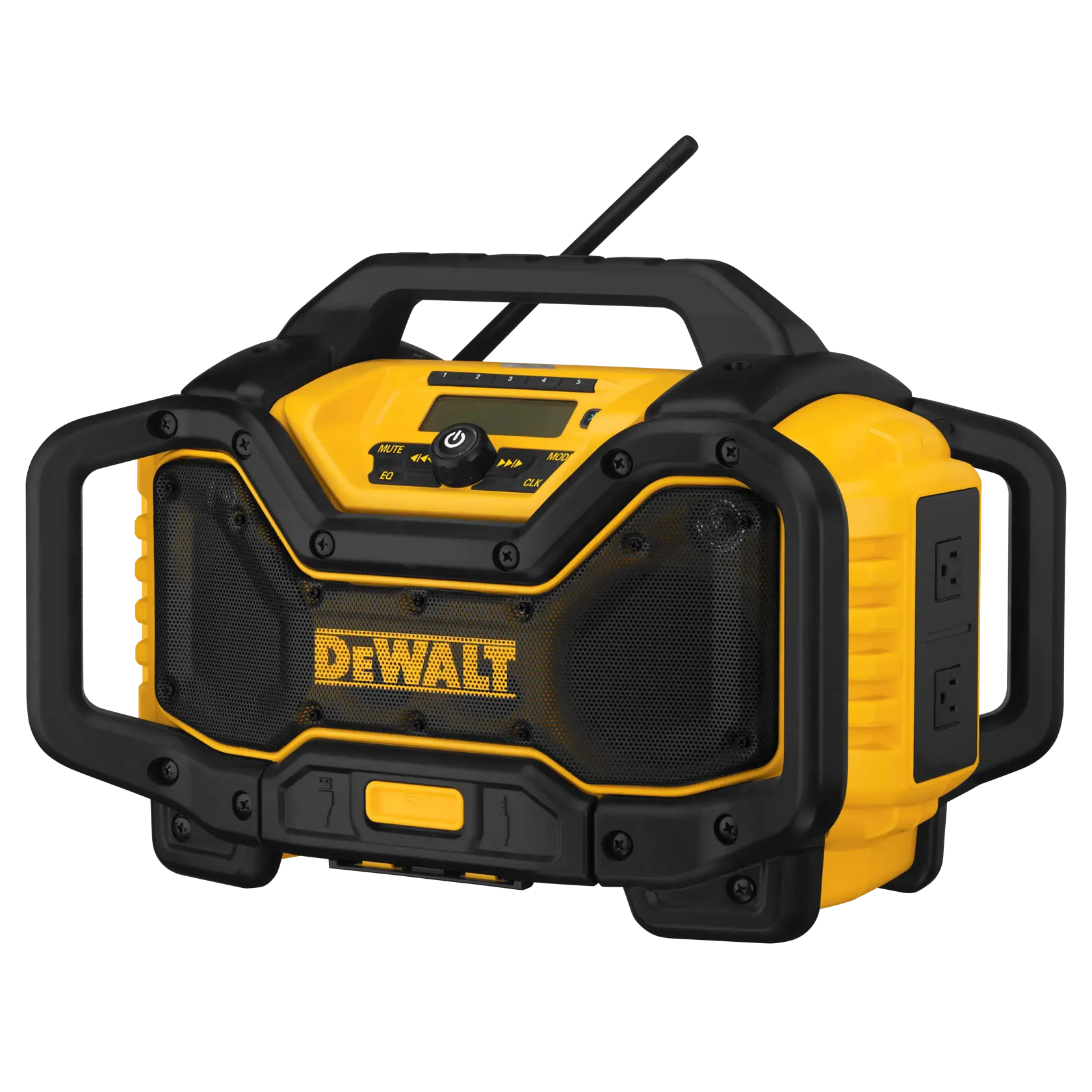 A yellow and black DEWALT portable radio with sturdy protective casing, two large handles, and multiple control buttons on the top. The radio features a visible antenna and two outlet ports on the side.