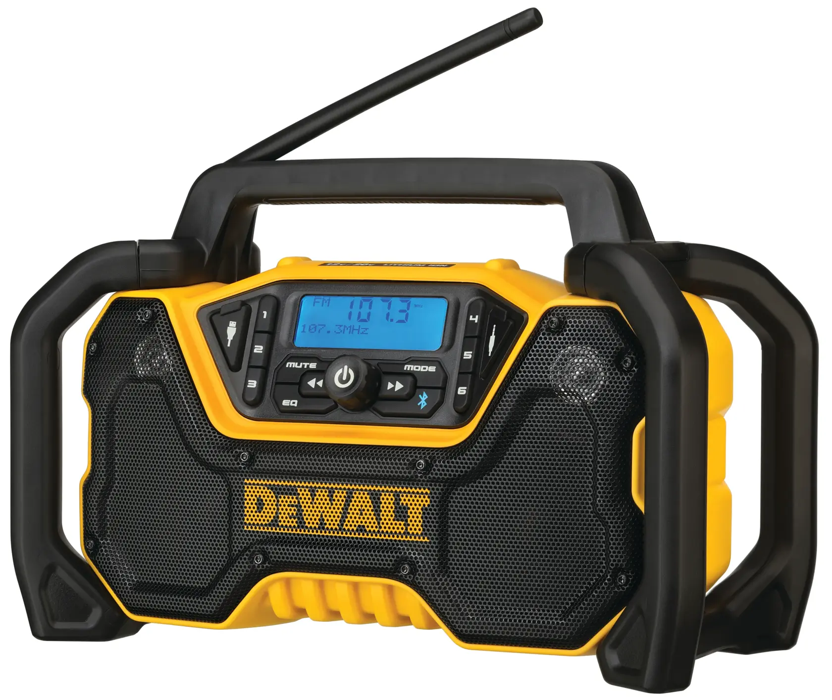 A DEWALT portable jobsite radio with a yellow and black rugged design, digital display, control buttons, and carrying handle. The radio features a visible antenna and mesh speaker cover.