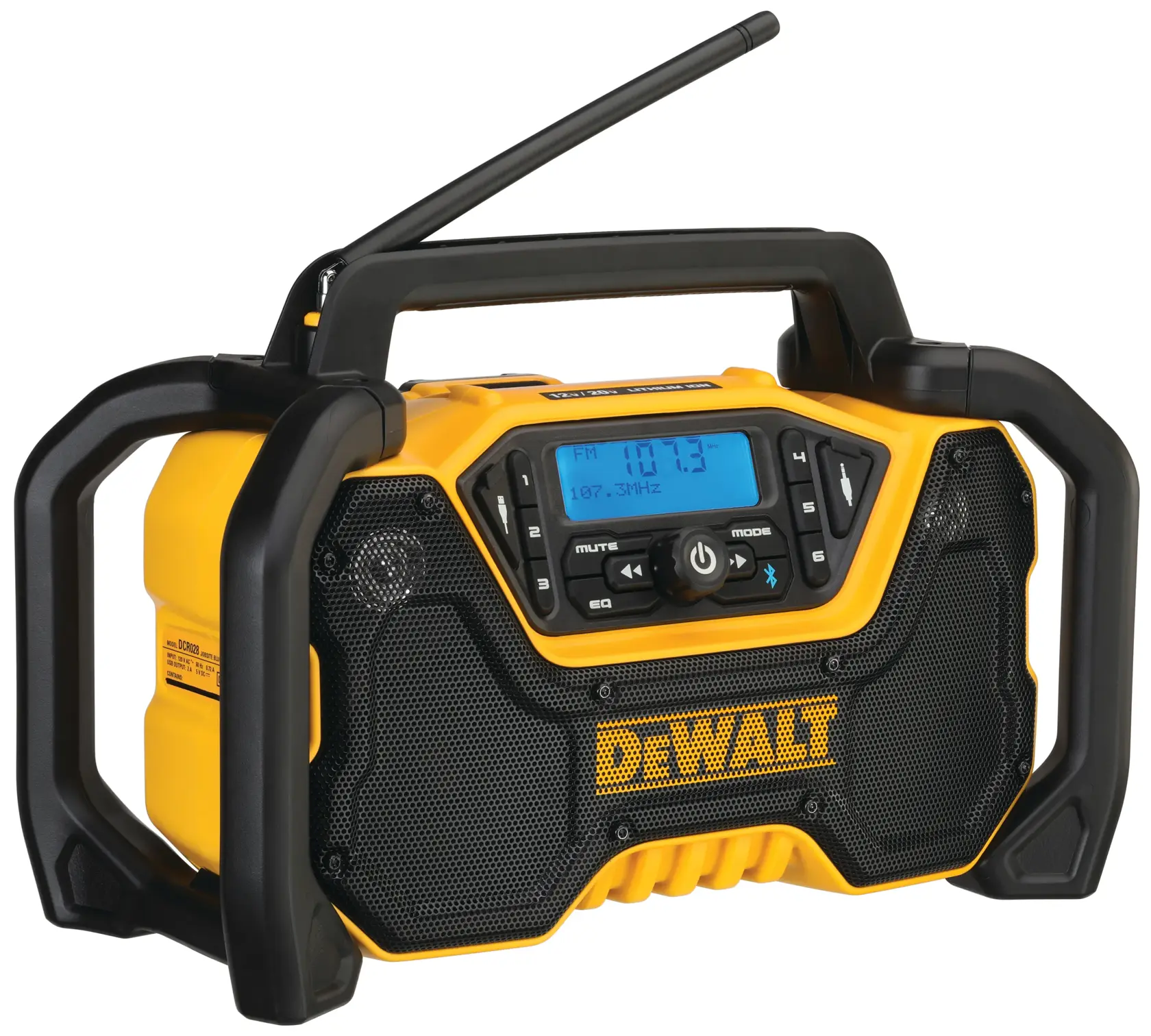 A yellow and black DEWALT portable radio with a digital display screen, control buttons, and a black handle and antenna.