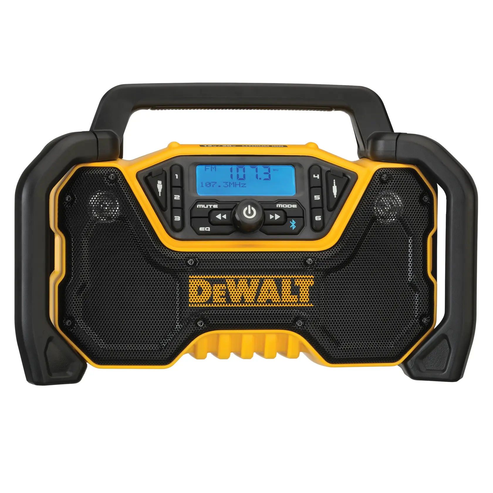 Front view of a DEWALT portable jobsite radio with a digital display, large control buttons, and rugged black and yellow casing.