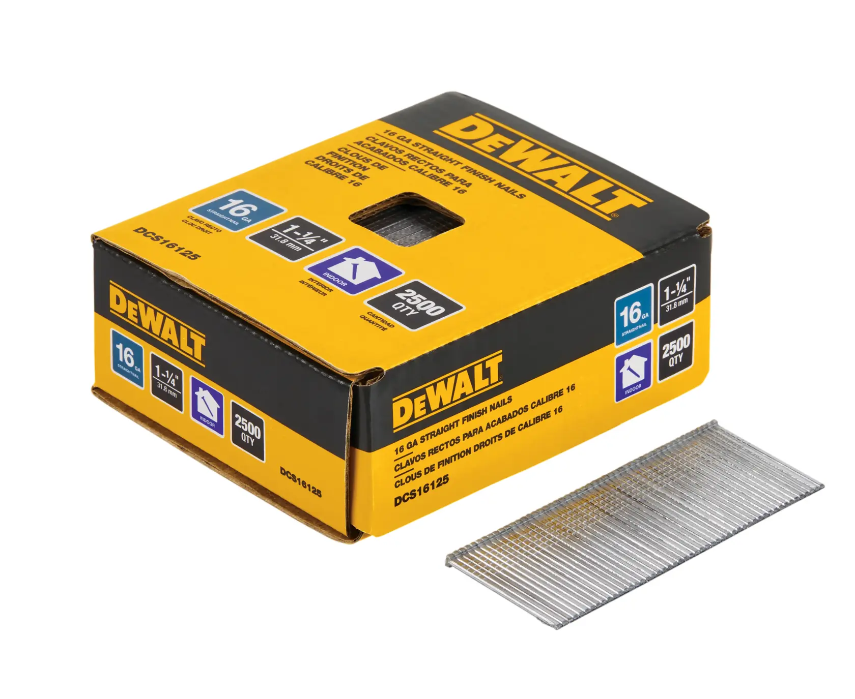 A yellow and black DEWALT box labeled '16 GA Straight Finish Nails', containing 2,500 nails with specifications of 16 gauge and 1-1/4 inch length. A strip of straight finish nails is positioned next to the box.