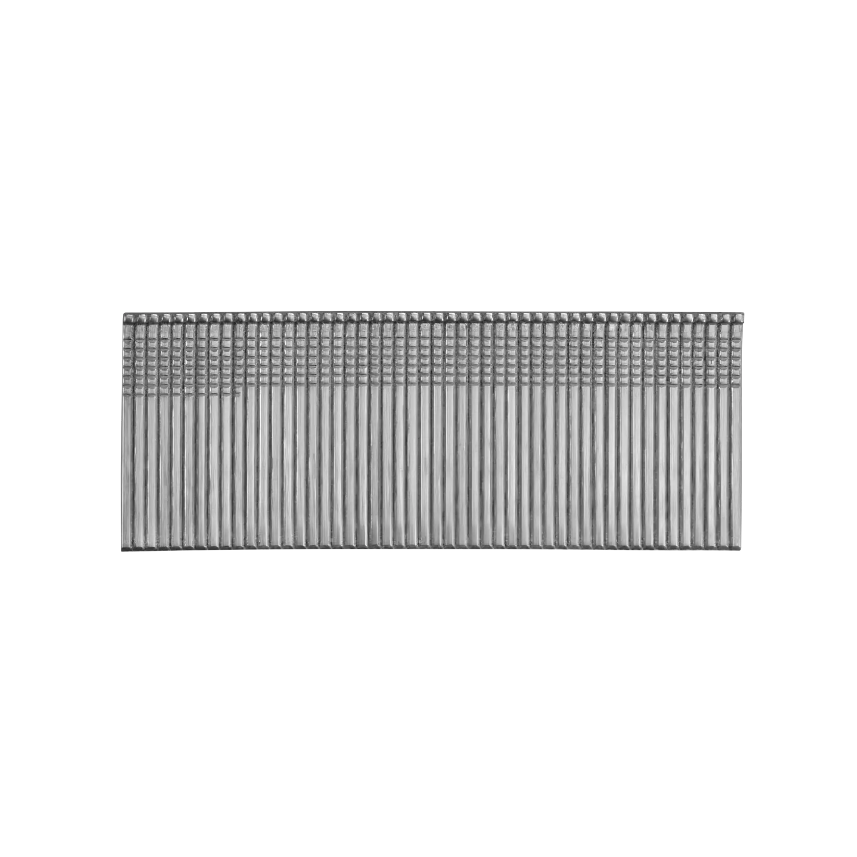 A close-up image of a row of metallic nails or fasteners aligned in a strip, used for nail guns or carpentry applications.