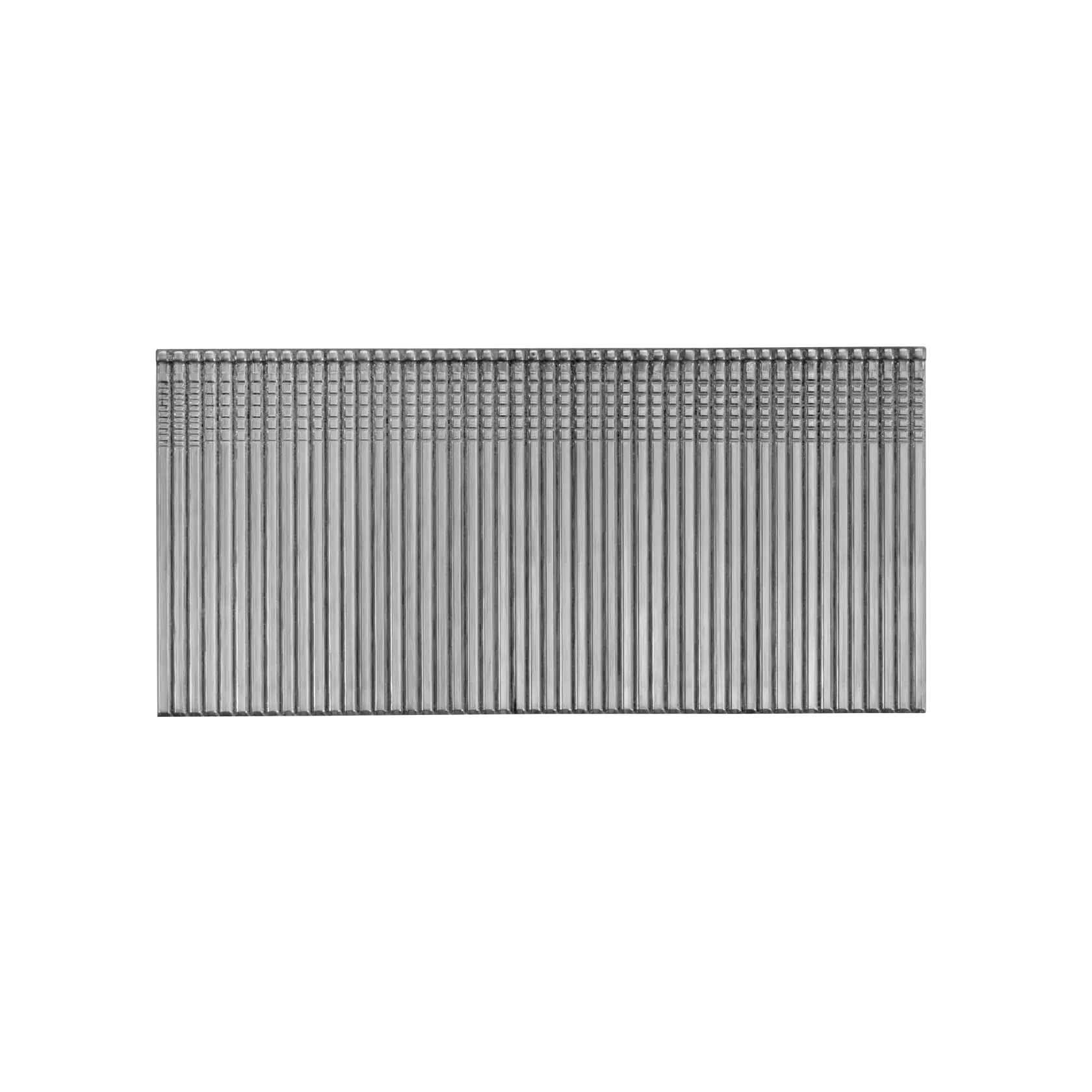 A horizontal strip of metal nails stacked closely together, designed for use with a nail gun.