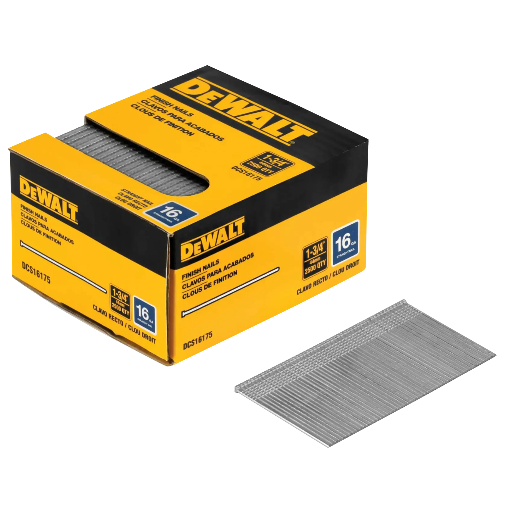 A box of DEWALT finish nails, model DCS16175, featuring a yellow and black packaging. The box contains 1-3/4 inch, 16 gauge straight finish nails, and displays a quantity of 2500 nails. Several nails are visible both inside the box and neatly arranged outside of it.