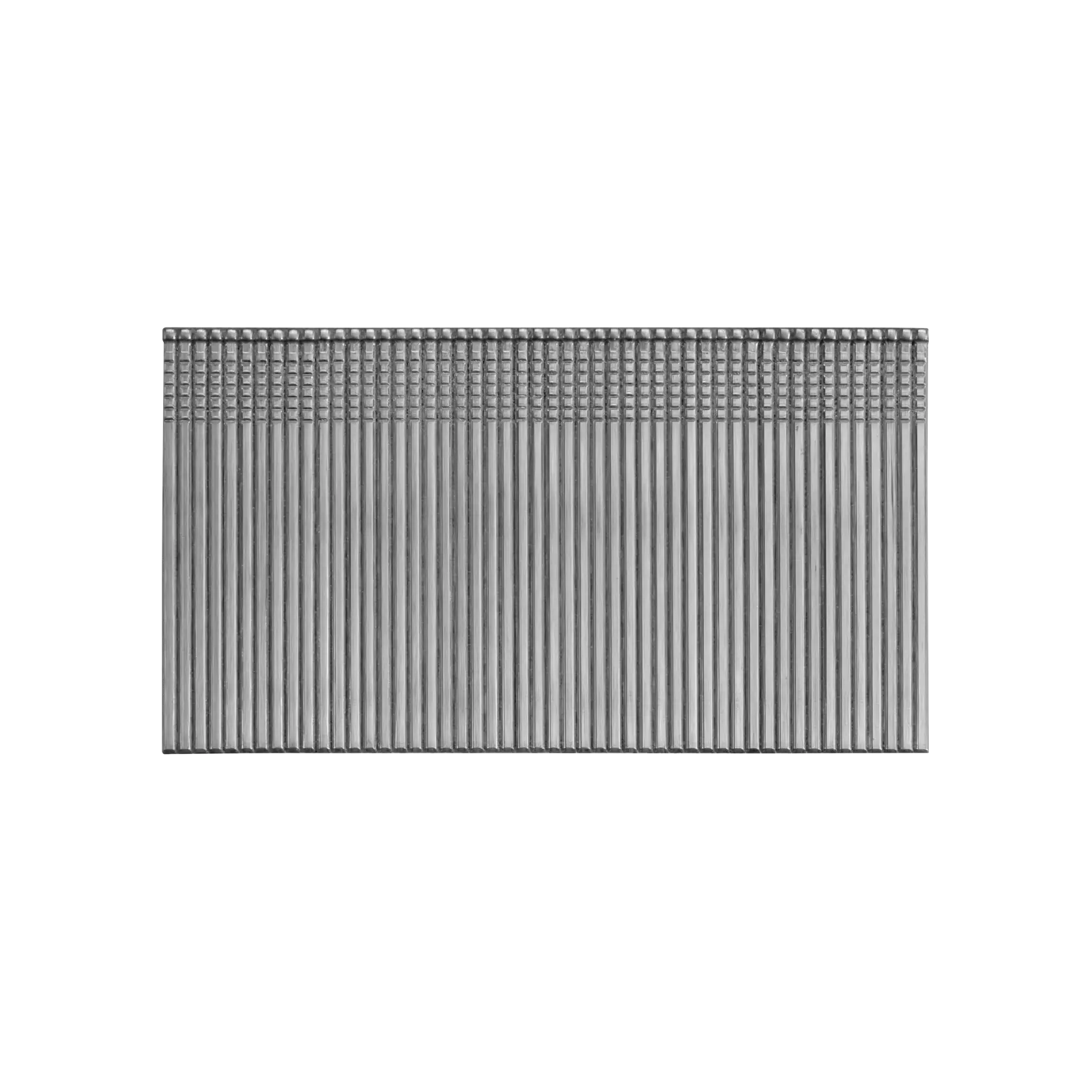 A set of straight metal nails arranged in a uniform row, likely intended for use with a nail gun.