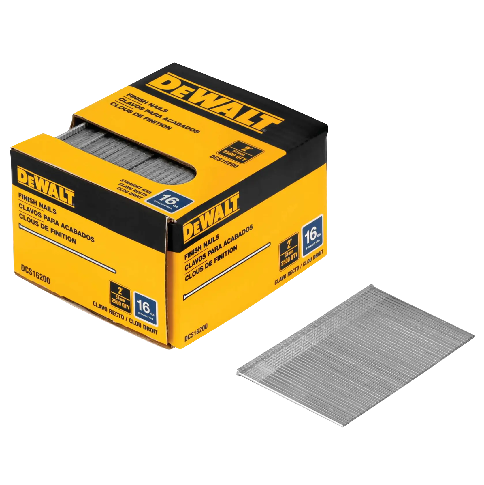 A yellow and black box of DEWALT finish nails, model DCS16200, with a stack of silver nails placed beside the box. The packaging displays details such as size 2 inch, gauge 16, and quantity of 2500 nails.