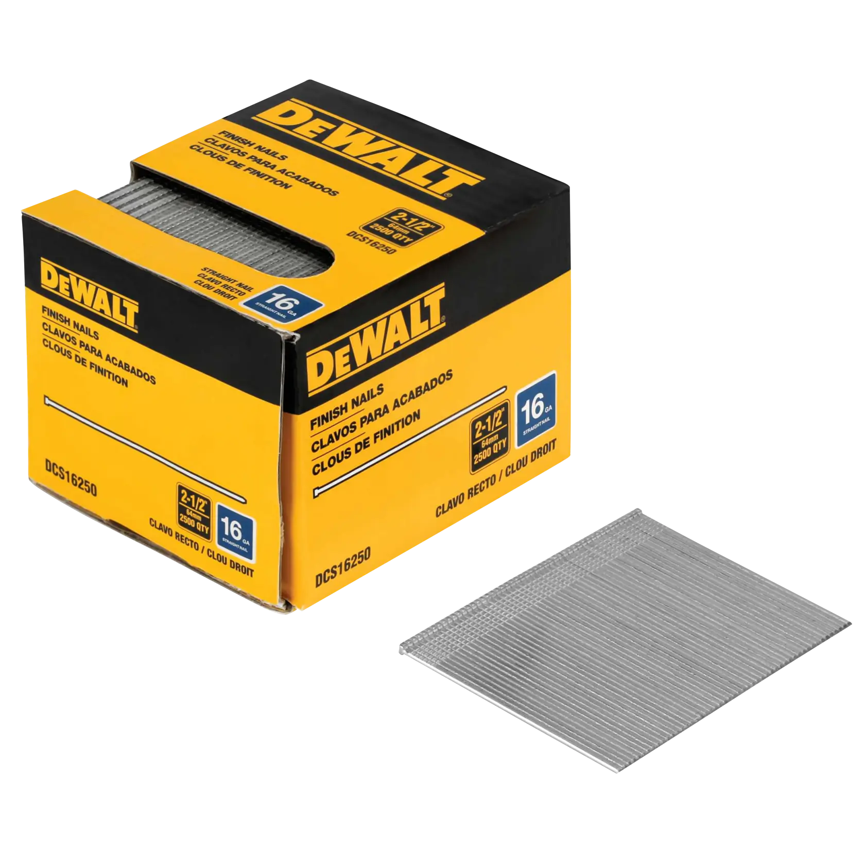 A box of DEWALT finish nails, model DCS16250, with a stack of straight nails displayed in front of the box. The packaging is yellow and black, showing details such as 2-1/2 inch length, 16 gauge, and 2500 quantity.