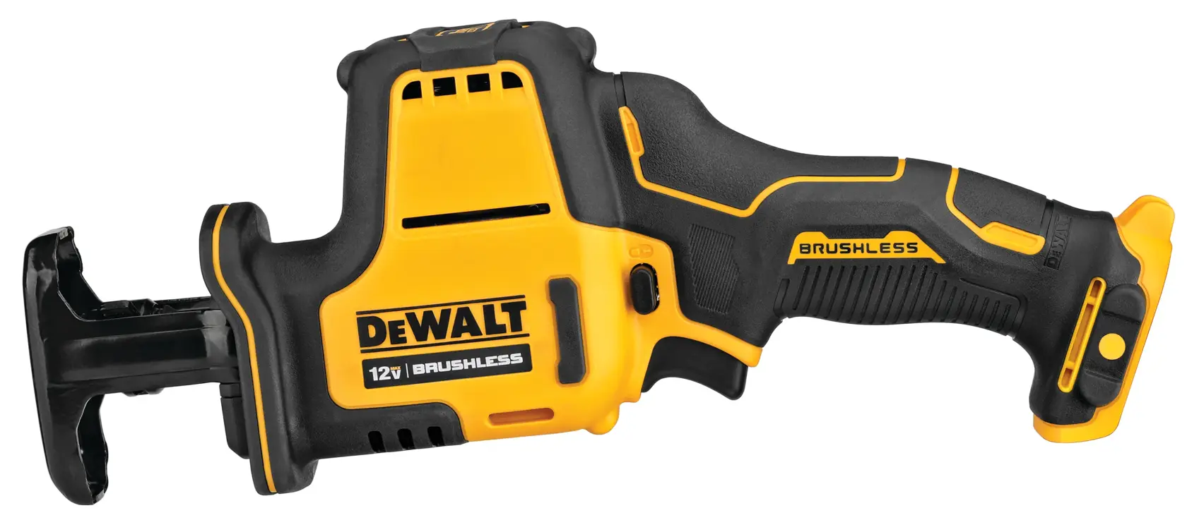 A DEWALT 12V brushless reciprocating saw with a yellow and black handle, designed for cutting various materials.