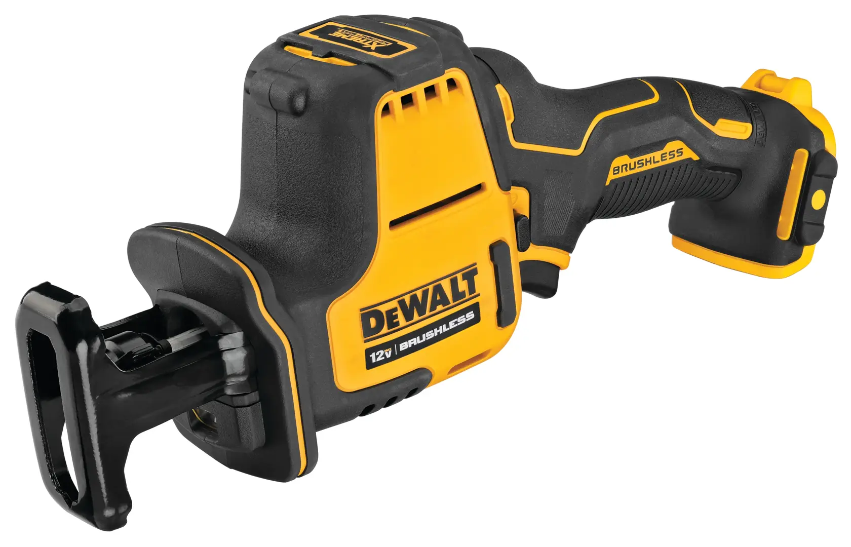 A DEWALT 12V brushless cordless reciprocating saw, shown from a slight angle to display its black and yellow body, ergonomic handle, and blade clamp.