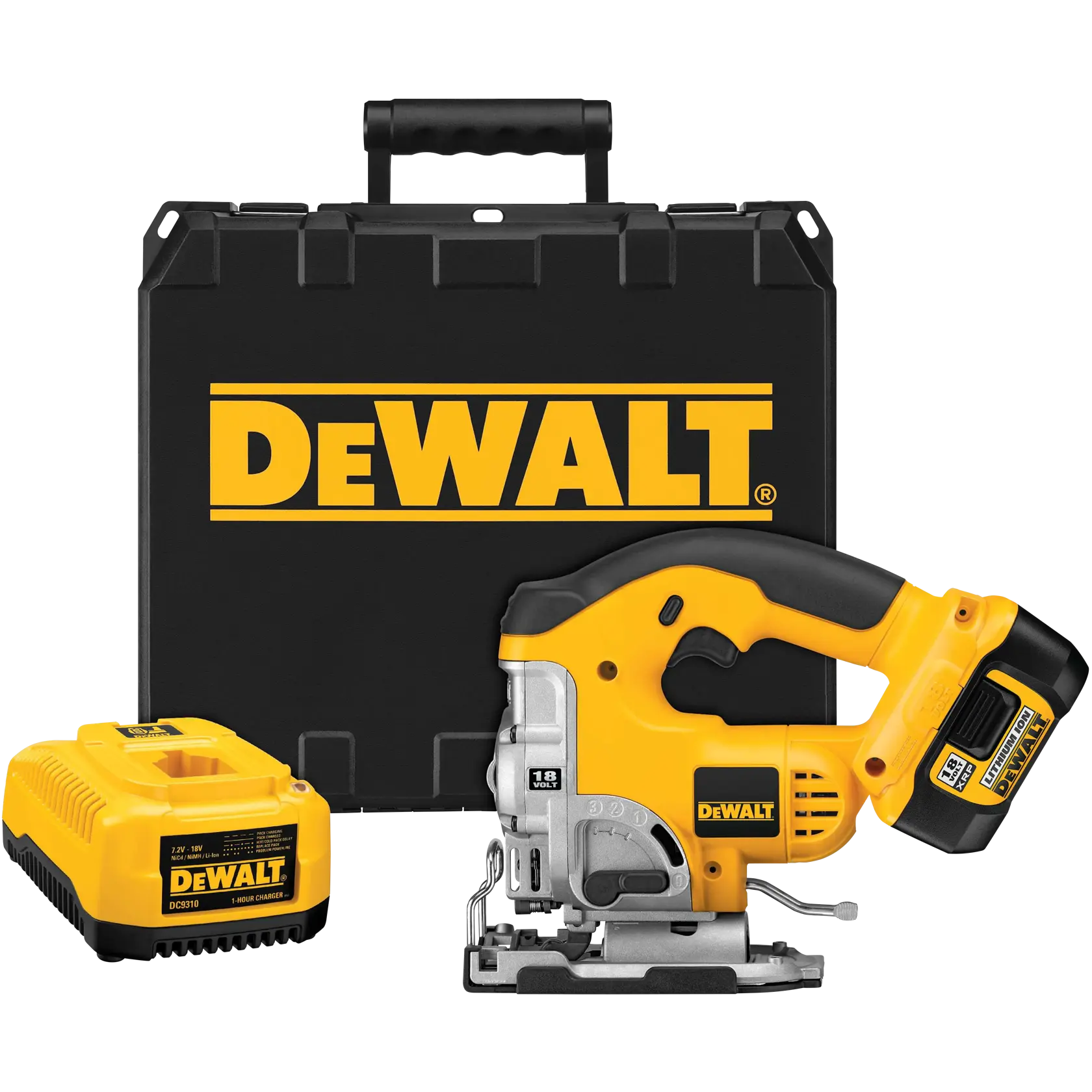 A DEWALT cordless jigsaw set including a yellow and black jigsaw, battery charger, and a black carrying case with the DEWALT logo.