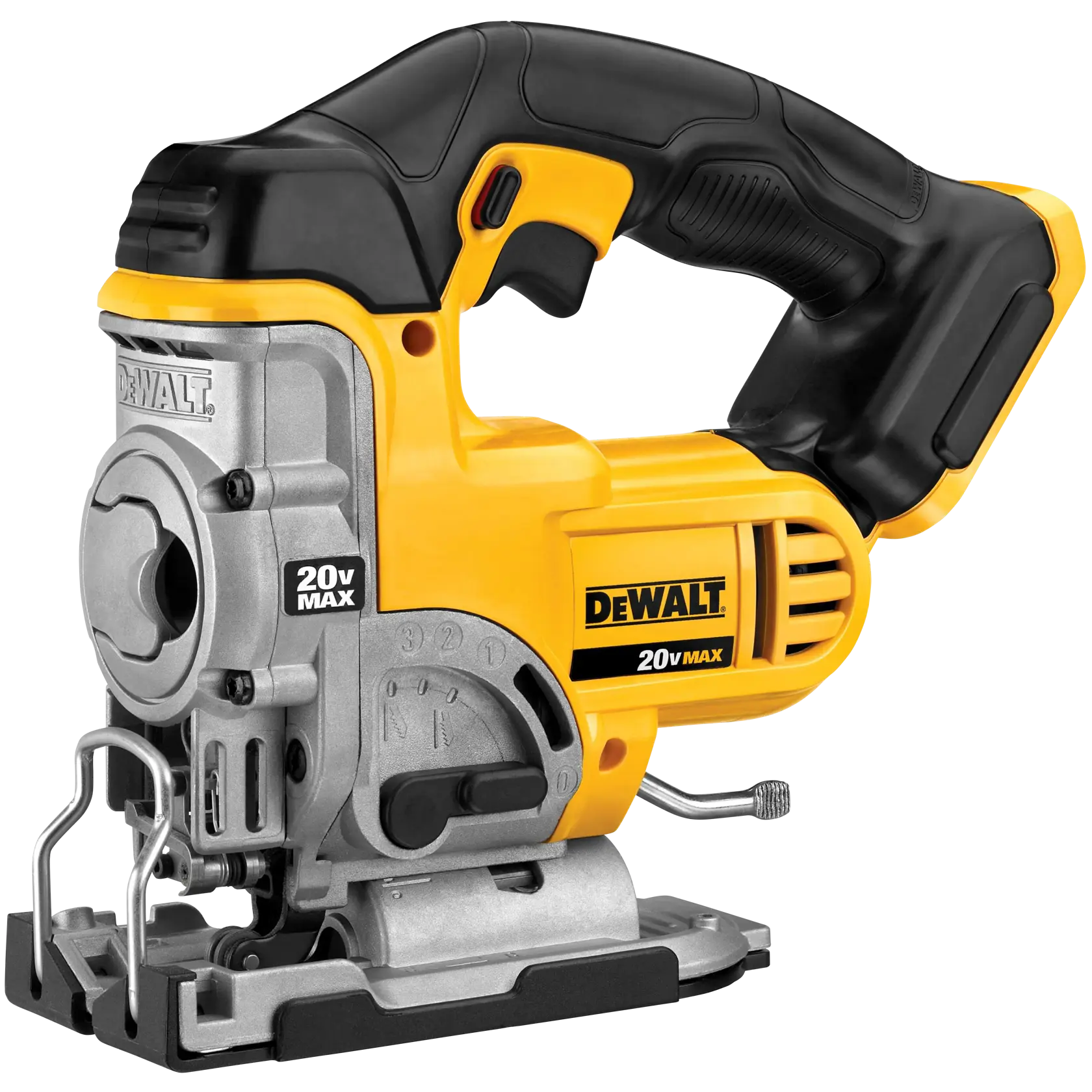 A DEWALT 20V MAX cordless jigsaw with a yellow and black body, ergonomic handle, and metal base plate, suitable for precision cutting tasks.
