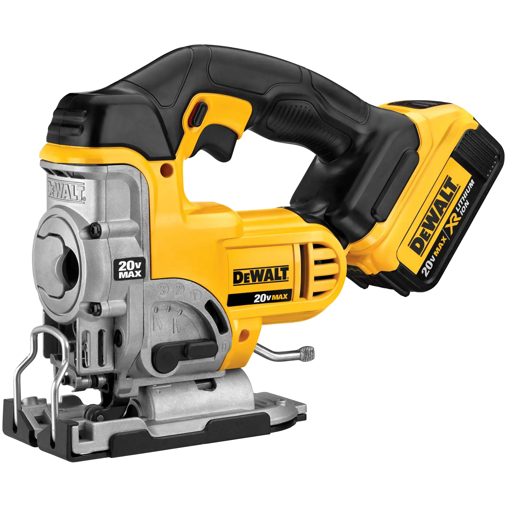 A DEWALT 20V Max cordless jigsaw with a yellow and black design, featuring a lithium-ion battery and ergonomic handle.