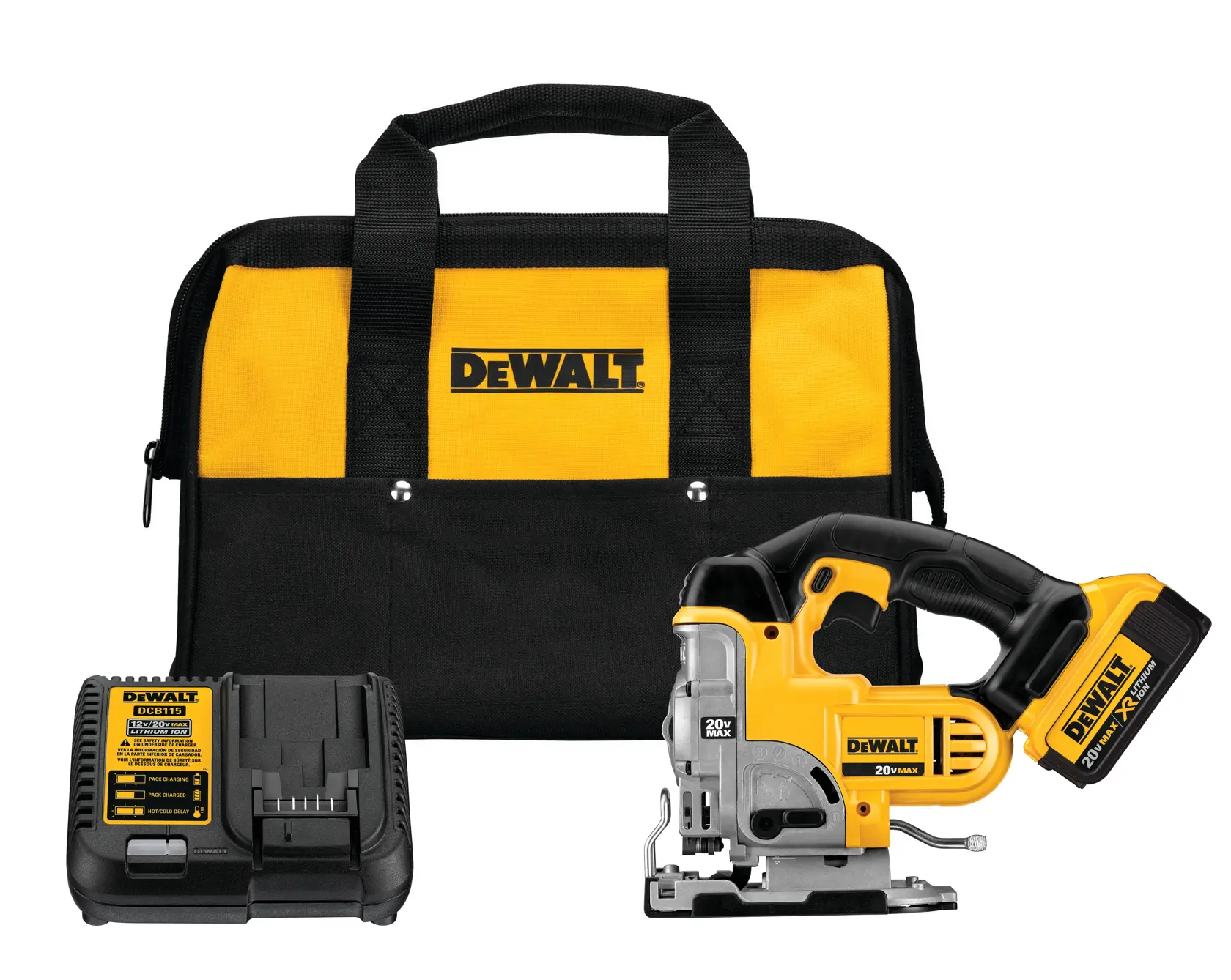 A DEWALT tool set including a yellow and black carrying bag, a cordless jigsaw, a battery pack, and a charger.
