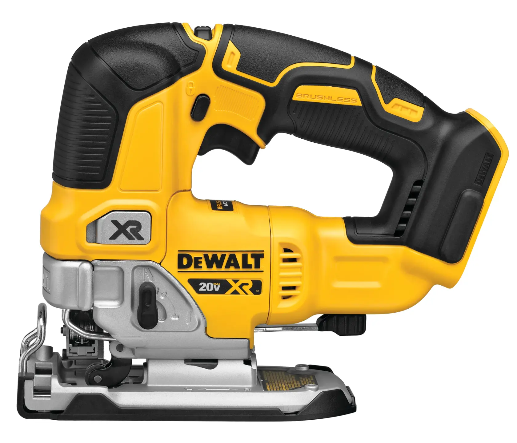 A yellow and black DEWALT 20V XR cordless jigsaw with a brushless motor, shown from the side.