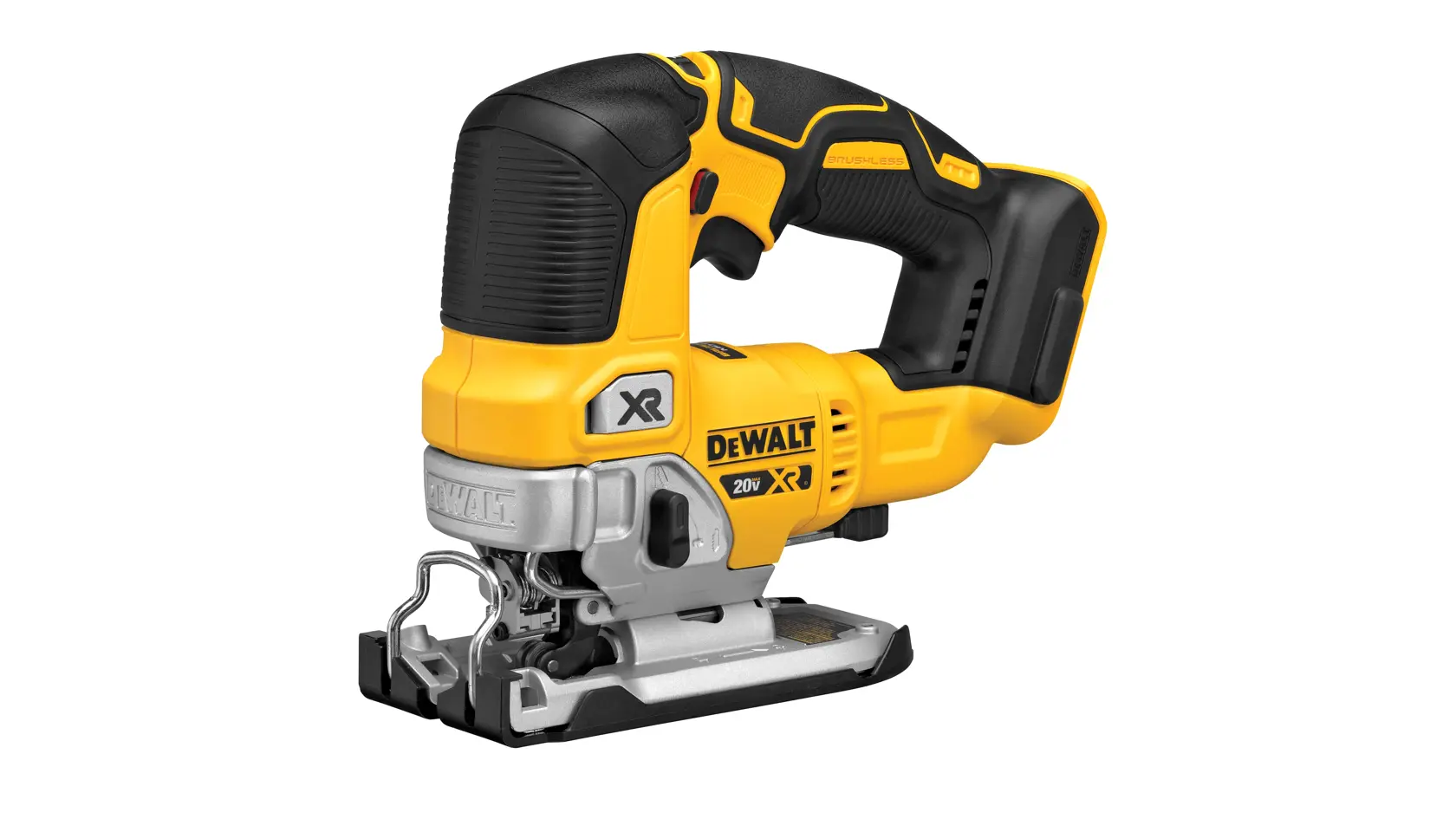 A DEWALT cordless jigsaw with a yellow and black design, featuring ergonomic handle and metal base, model DCS334B, placed on a white background.