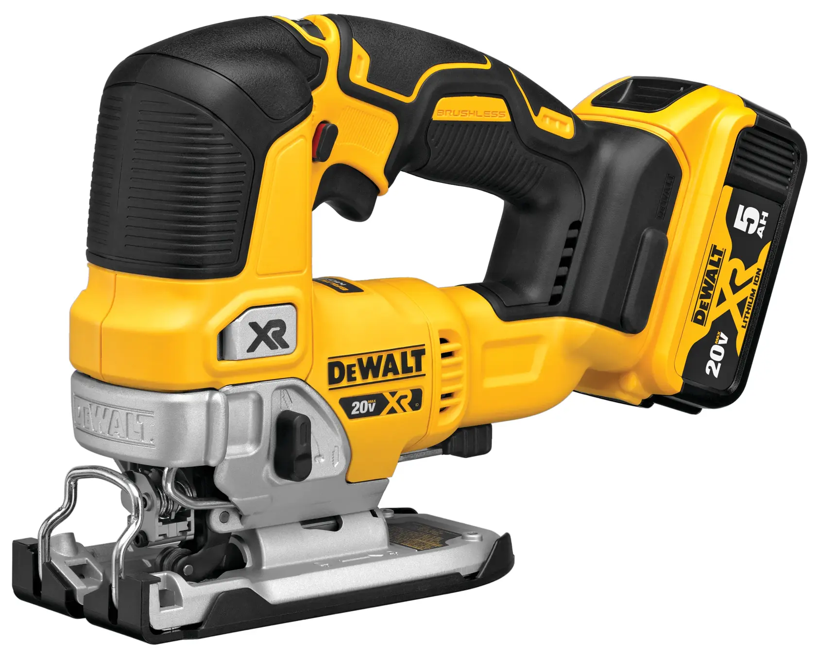 A DEWALT DCS334P1 20V cordless jigsaw with XR brushless technology, featuring a yellow and black design and a 5Ah battery attached.