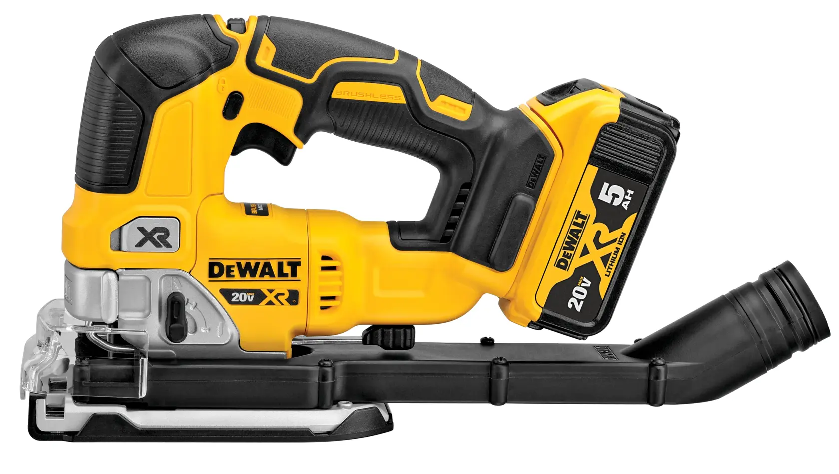 A DEWALT 20V cordless jigsaw with a 5Ah battery, featuring a yellow and black design. The tool includes a dust extraction attachment and is shown against a white background.