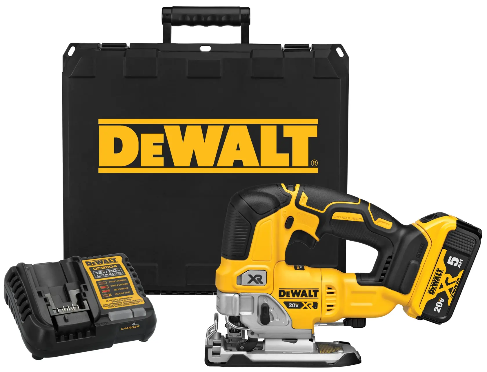 A DEWALT cordless jigsaw kit, including a yellow and black jigsaw with battery attached, a charger, and a black carrying case with the DEWALT logo.