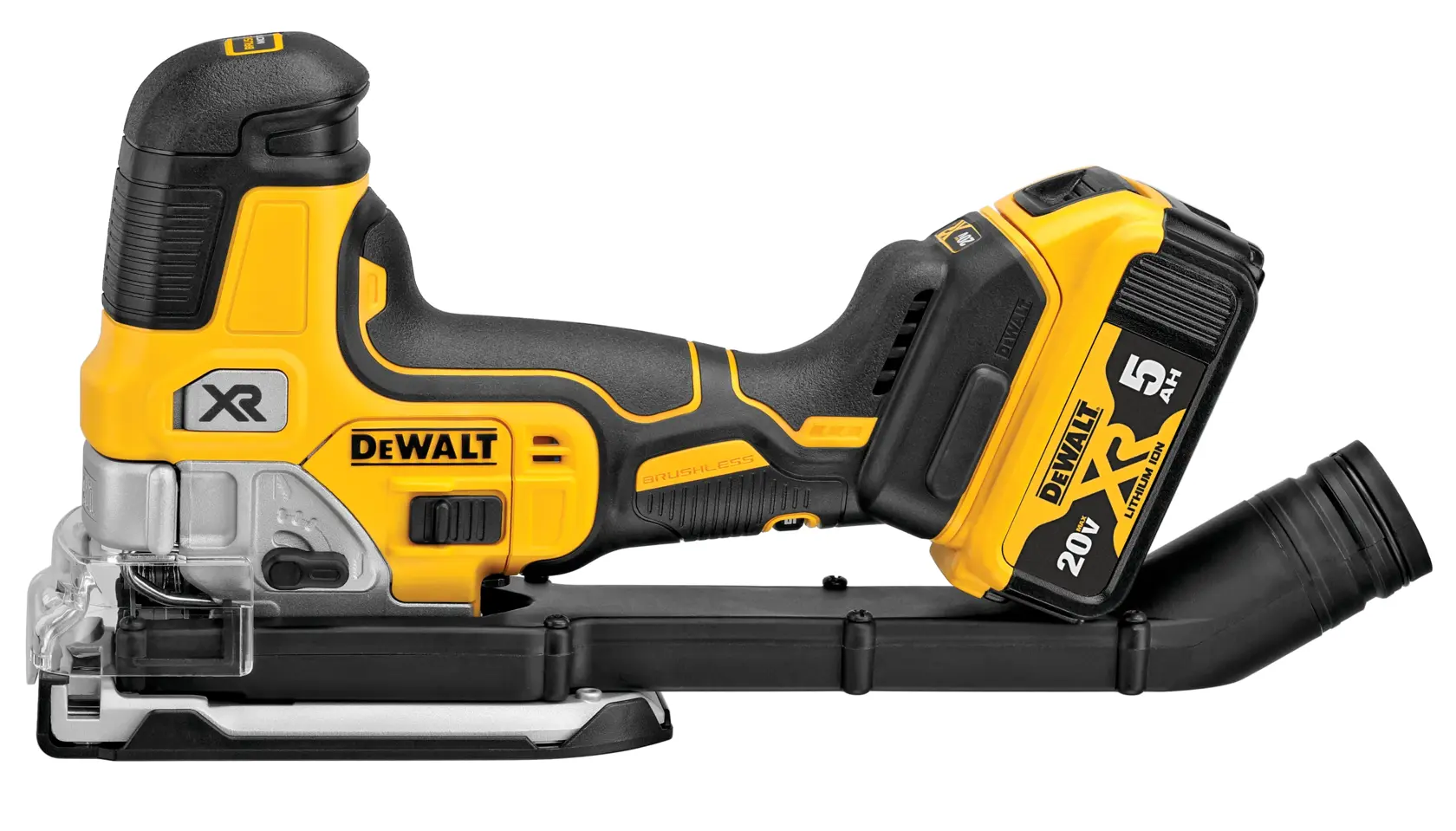 A DeWalt cordless jigsaw XR, model DCS335B, with a 20V battery and dust extraction attachment. The tool is yellow and black and shown in a side view.