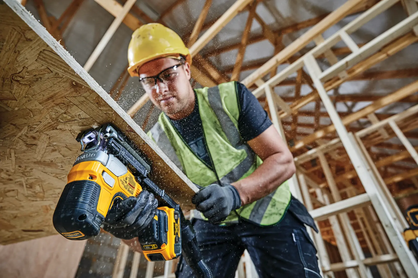 A DEWALT cordless jigsaw, model DCS335B, featuring a yellow and black design. Marketing text below highlights 'Optimal Control with 4-Position Orbital Action.'