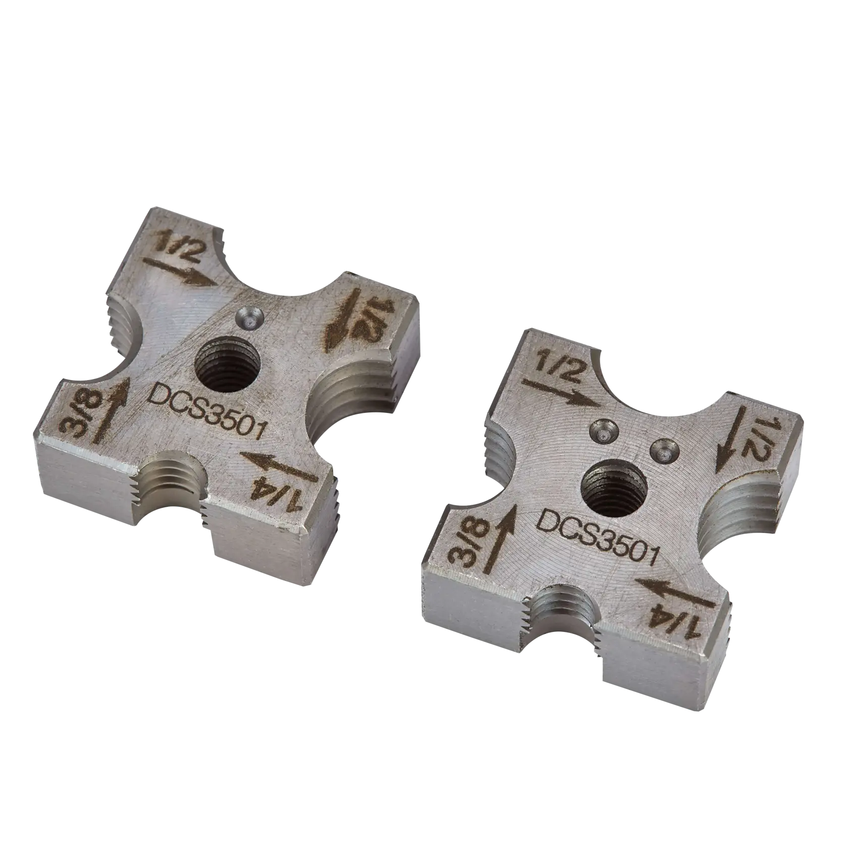 Two DEWALT DCS3501 metal dies for a pipe cutting tool, marked with different pipe sizes (1/2, 3/8, 1/4) and directional arrows, showing threaded holes in the center.