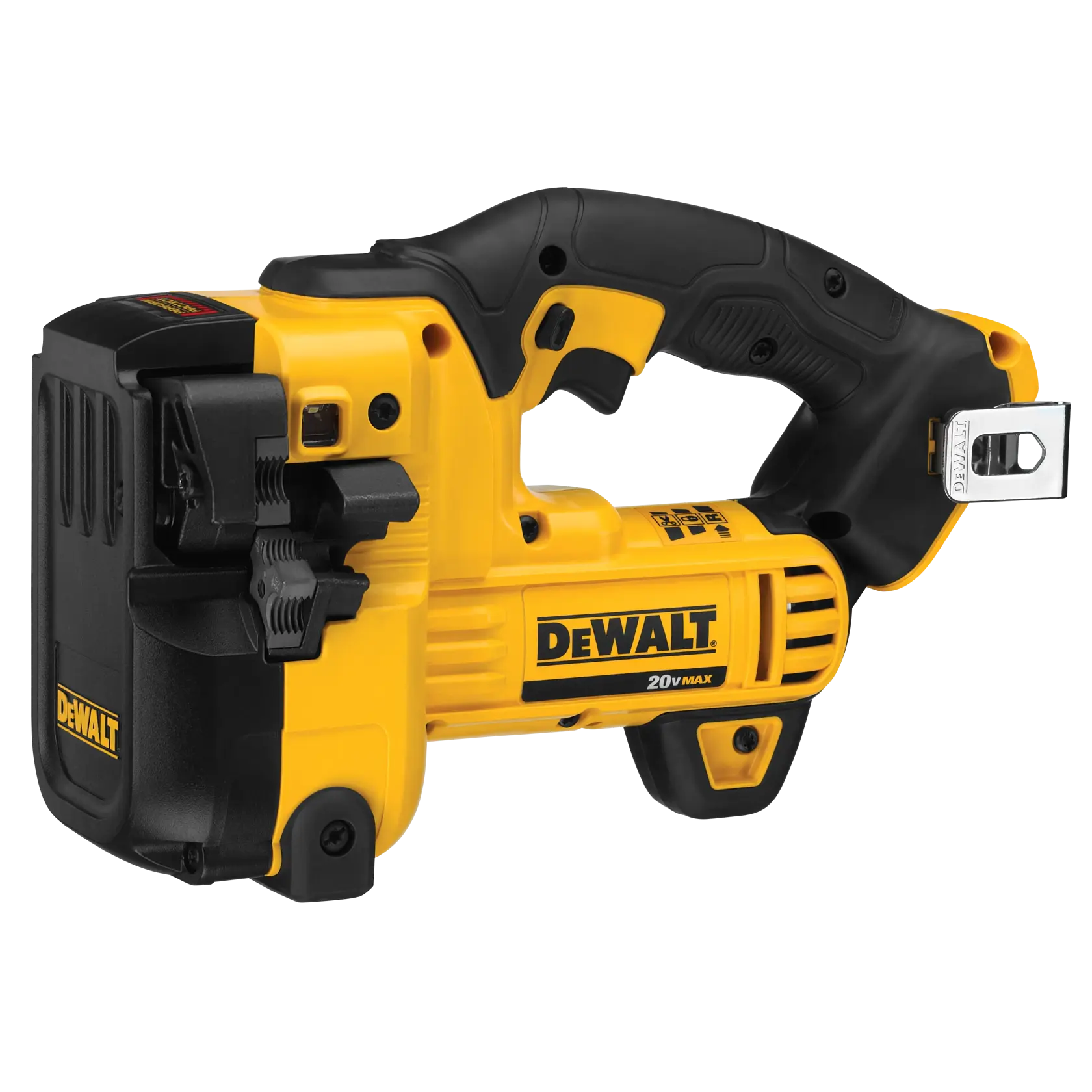A DEWALT 20V MAX cordless threaded rod cutter, featuring a yellow and black design with ergonomic handle and metal belt clip.