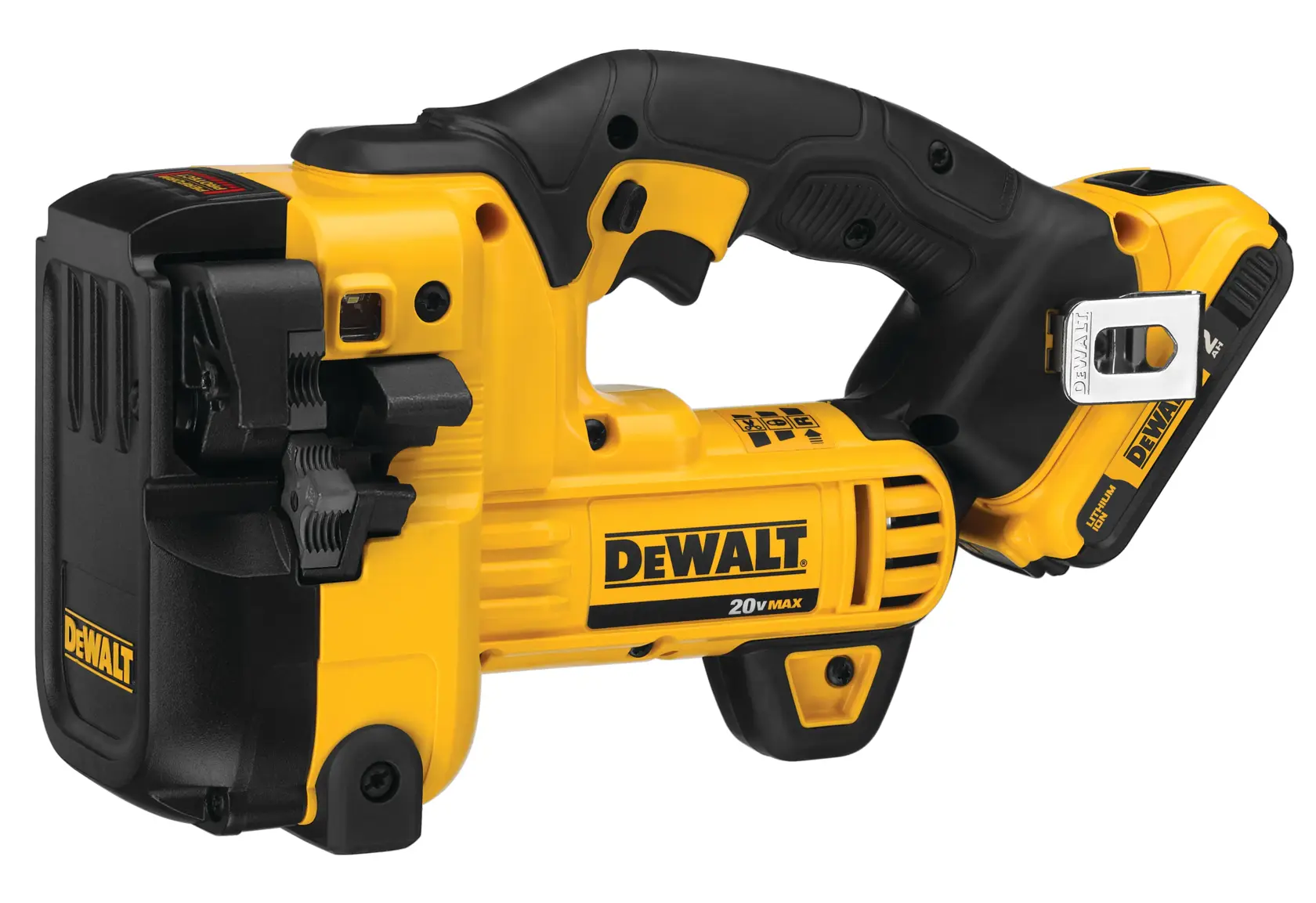 A yellow and black DEWALT 20V MAX cordless threaded rod cutter tool, featuring an ergonomic handle, battery pack, and clear branding.