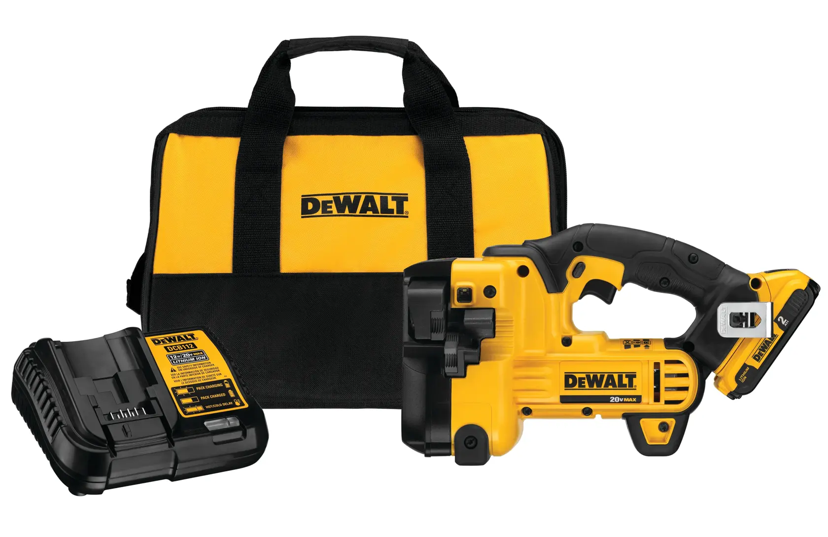 A DEWALT cordless band saw kit including a yellow and black portable band saw, a charger, and a matching carrying bag with DEWALT branding.