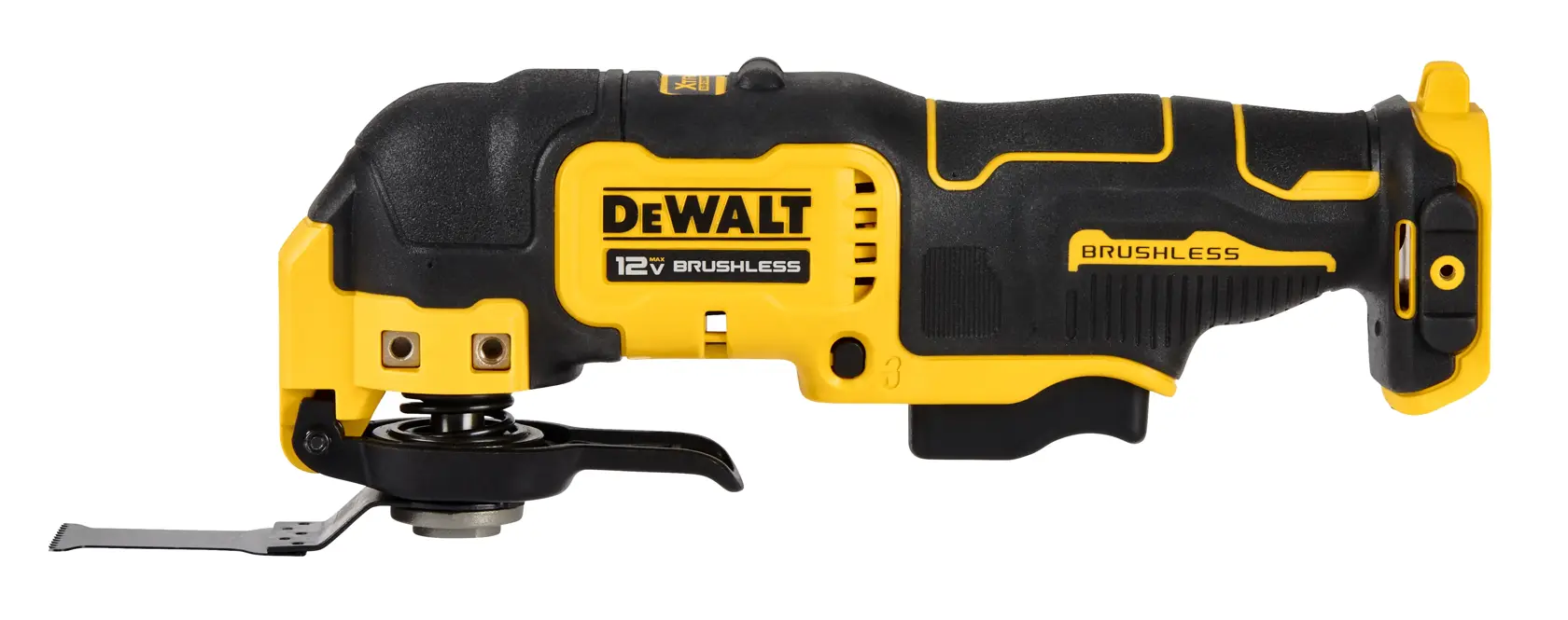 A DEWALT 12V brushless oscillating multi-tool, featuring a black and yellow body with a blade attached, used for cutting and sanding in various photography and construction tasks.