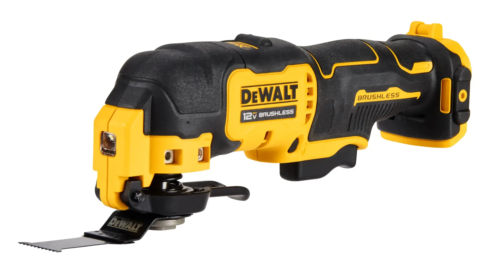 A DEWALT 12V brushless cordless oscillating multi-tool, mainly black and yellow, shown with an attached saw blade.
