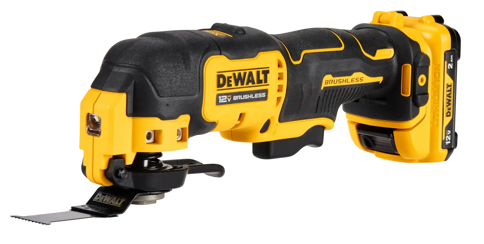 A DEWALT 12V brushless cordless oscillating multi-tool with a yellow and black design. The tool features an attached blade and is shown with the battery pack installed.