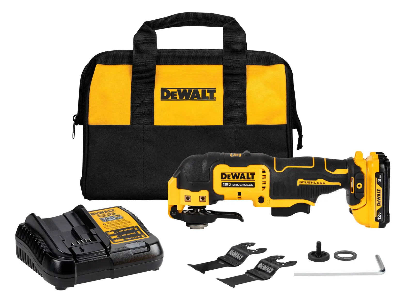 DEWALT 12V cordless oscillating multi-tool kit, including the tool, two blades, charger, hex key, accessory, and a black and yellow carrying bag.