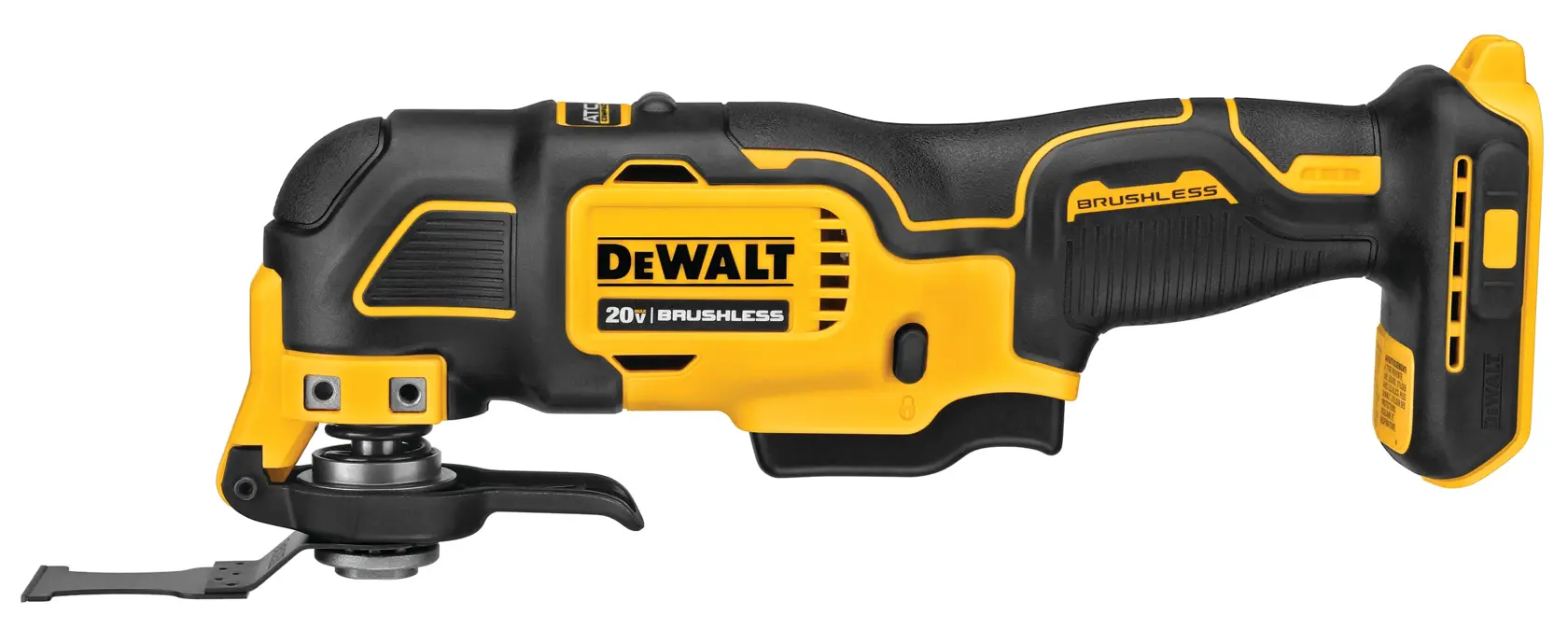 A DEWALT 20V cordless brushless oscillating multi-tool with a black and yellow body, designed for cutting and sanding tasks.