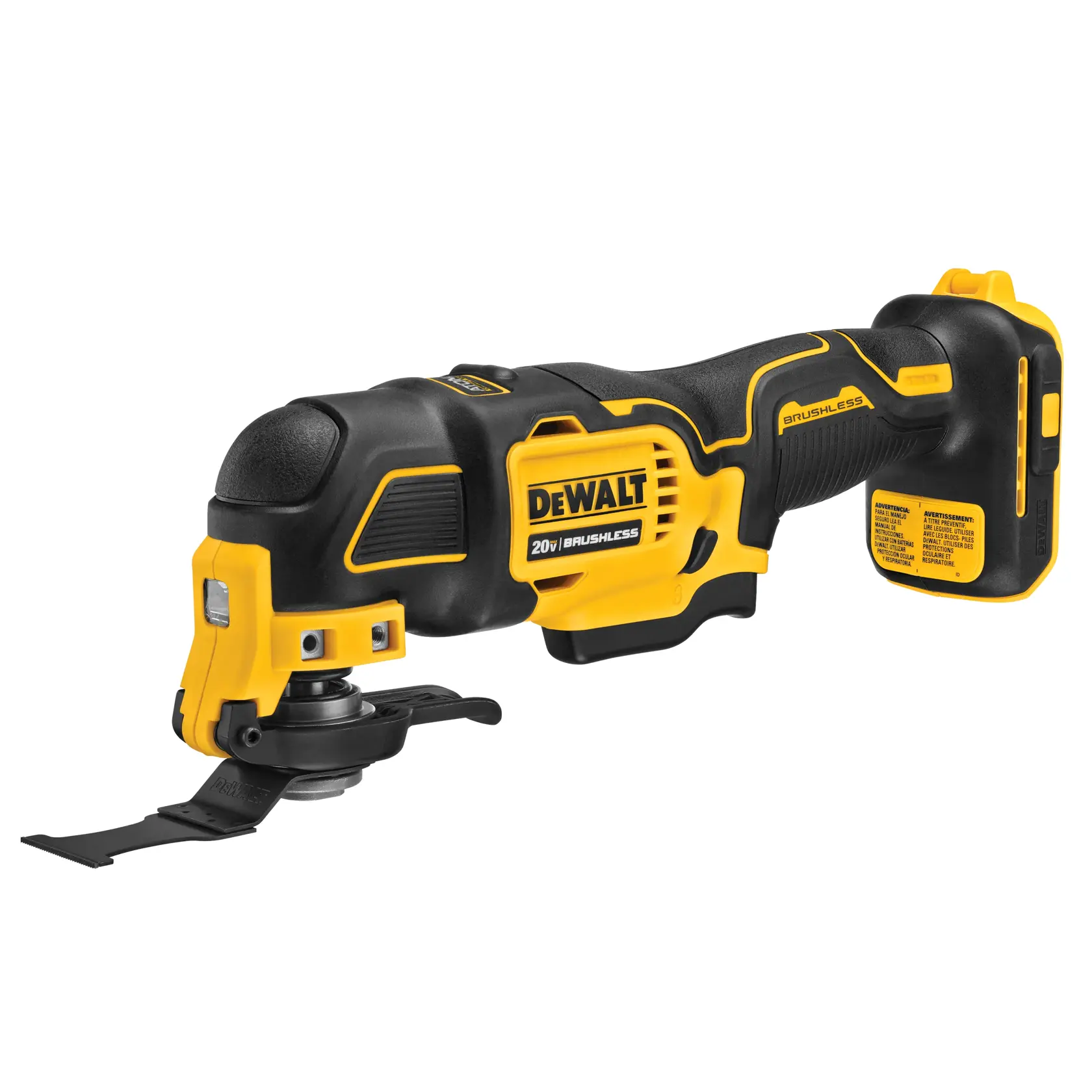 A DeWalt 20V brushless cordless oscillating multi-tool, shown in black and yellow colors, designed for various cutting and sanding tasks.