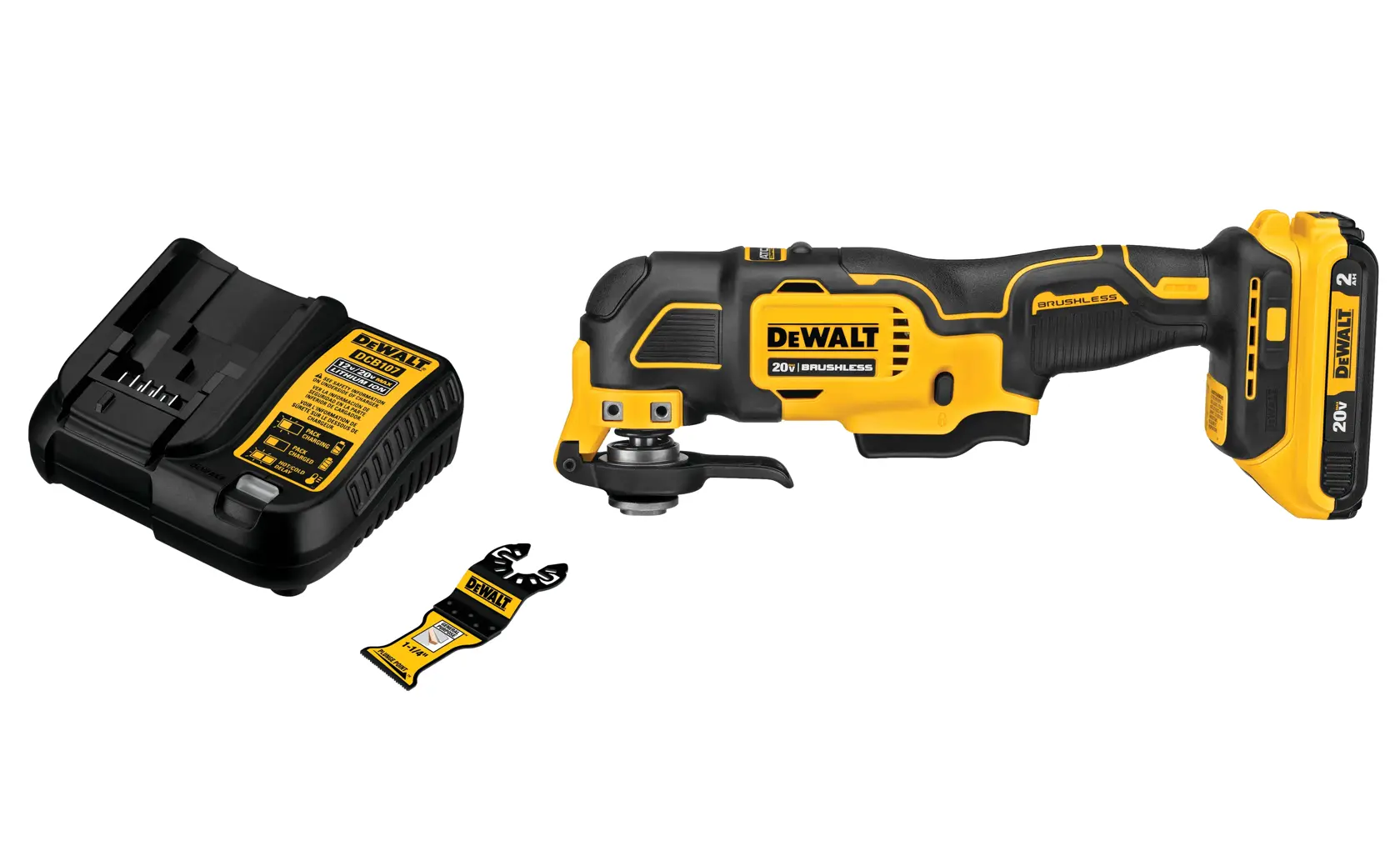 A DEWALT 20V cordless oscillating multi-tool kit, including the yellow and black oscillating tool, a battery charger, and a blade accessory.